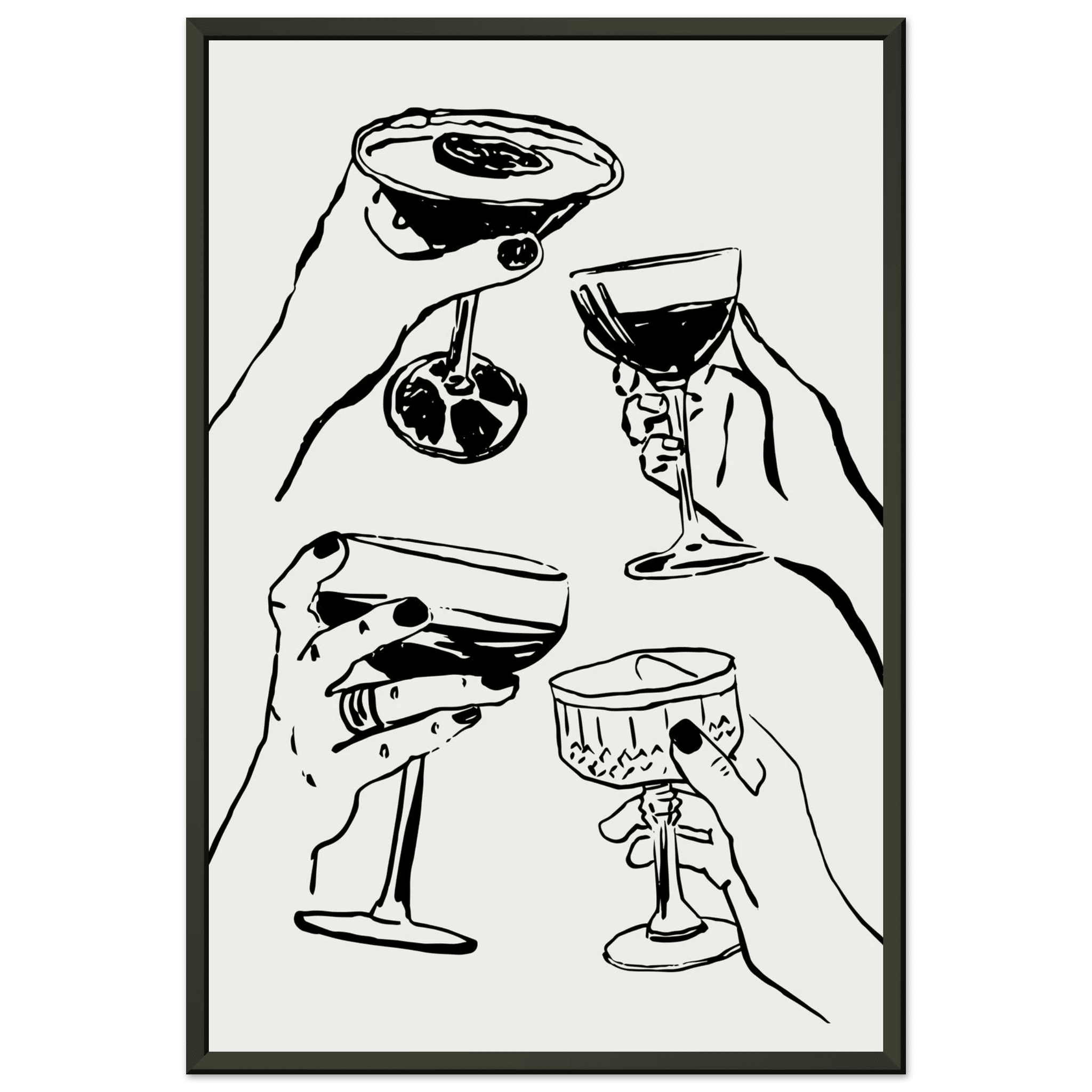 Cheers Print | Black Line Art Cocktail Glasses Wall Art | Kitchen Bar Poster - Evergreen Posters