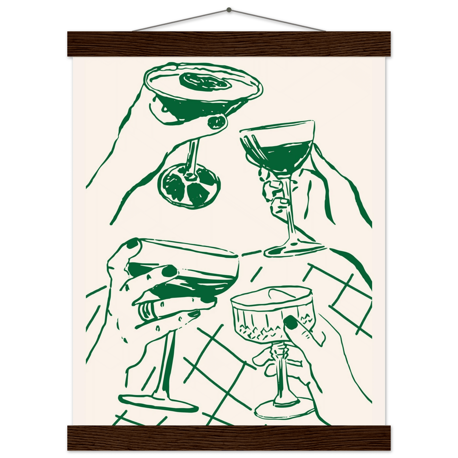 Cheers Print | Forest Green Cocktail Glasses Wall Art | Kitchen Bar Poster - Evergreen Posters