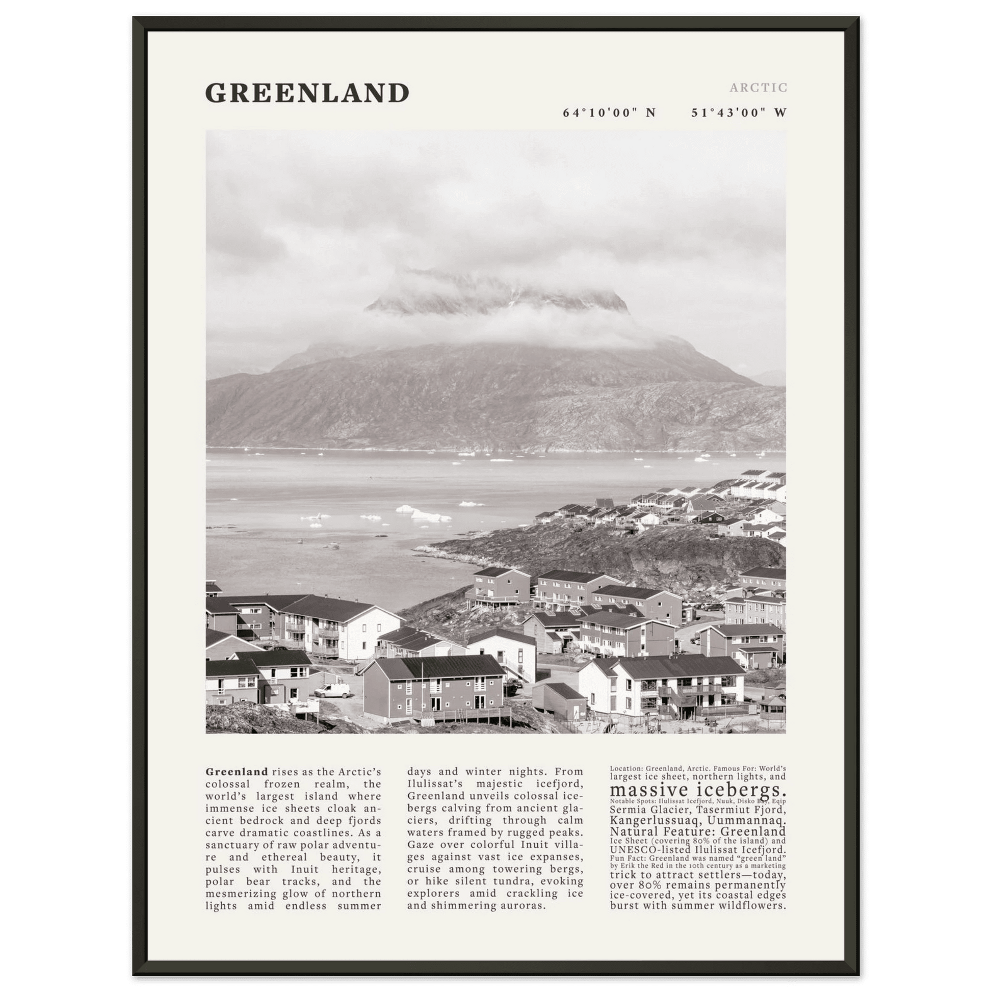 Greenland Poster Black and White – Vintage Arctic Fjord Landscape Print (Digital & Printed Options) - Evergreen Posters
