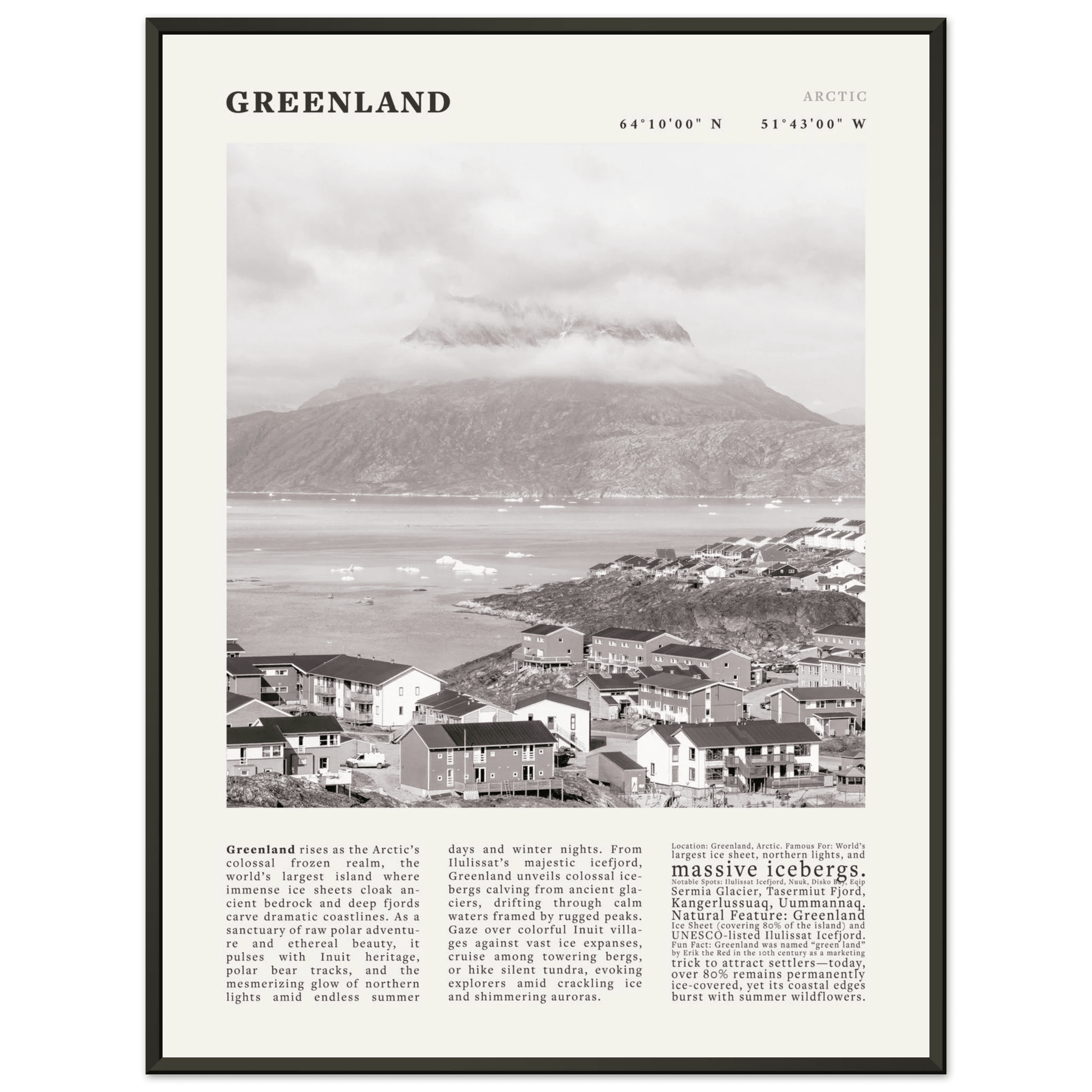 Greenland Poster Black and White – Vintage Arctic Fjord Landscape Print (Digital & Printed Options) - Evergreen Posters