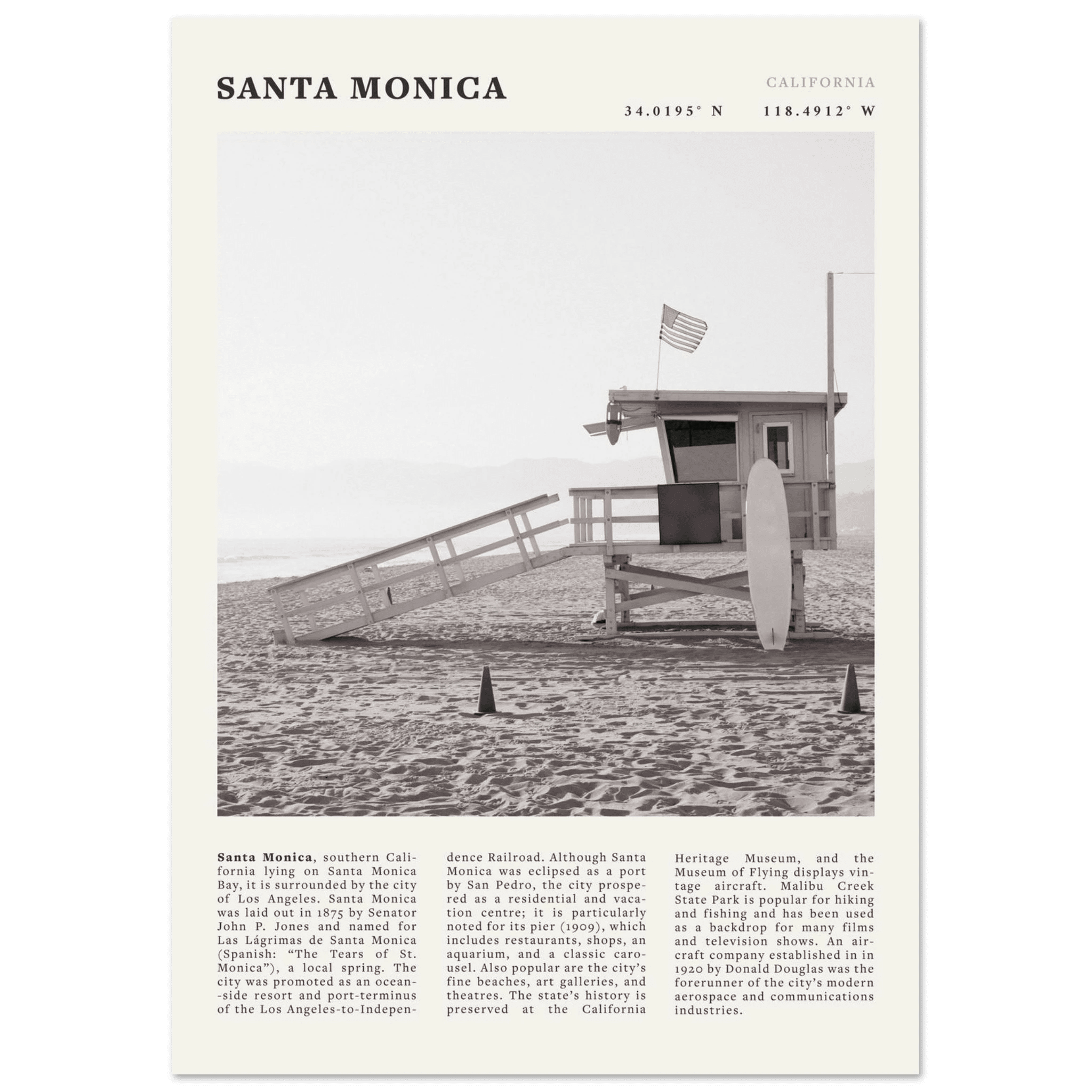 Santa Monica Poster | Black & White California Wall Art | Beach Travel Print | Coastal Decor - Evergreen Posters