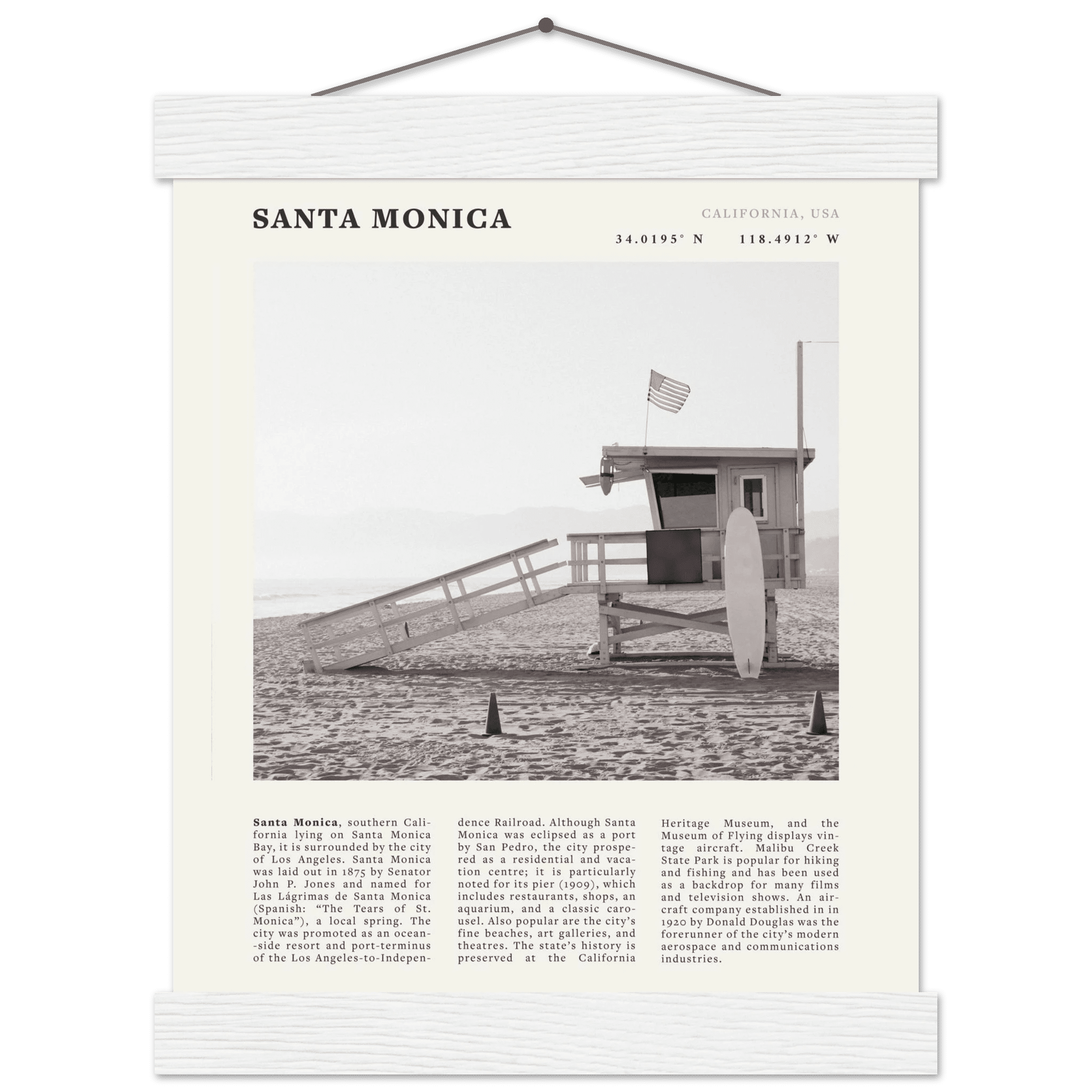 Santa Monica Poster | Black & White California Wall Art | Beach Travel Print | Coastal Decor - Evergreen Posters