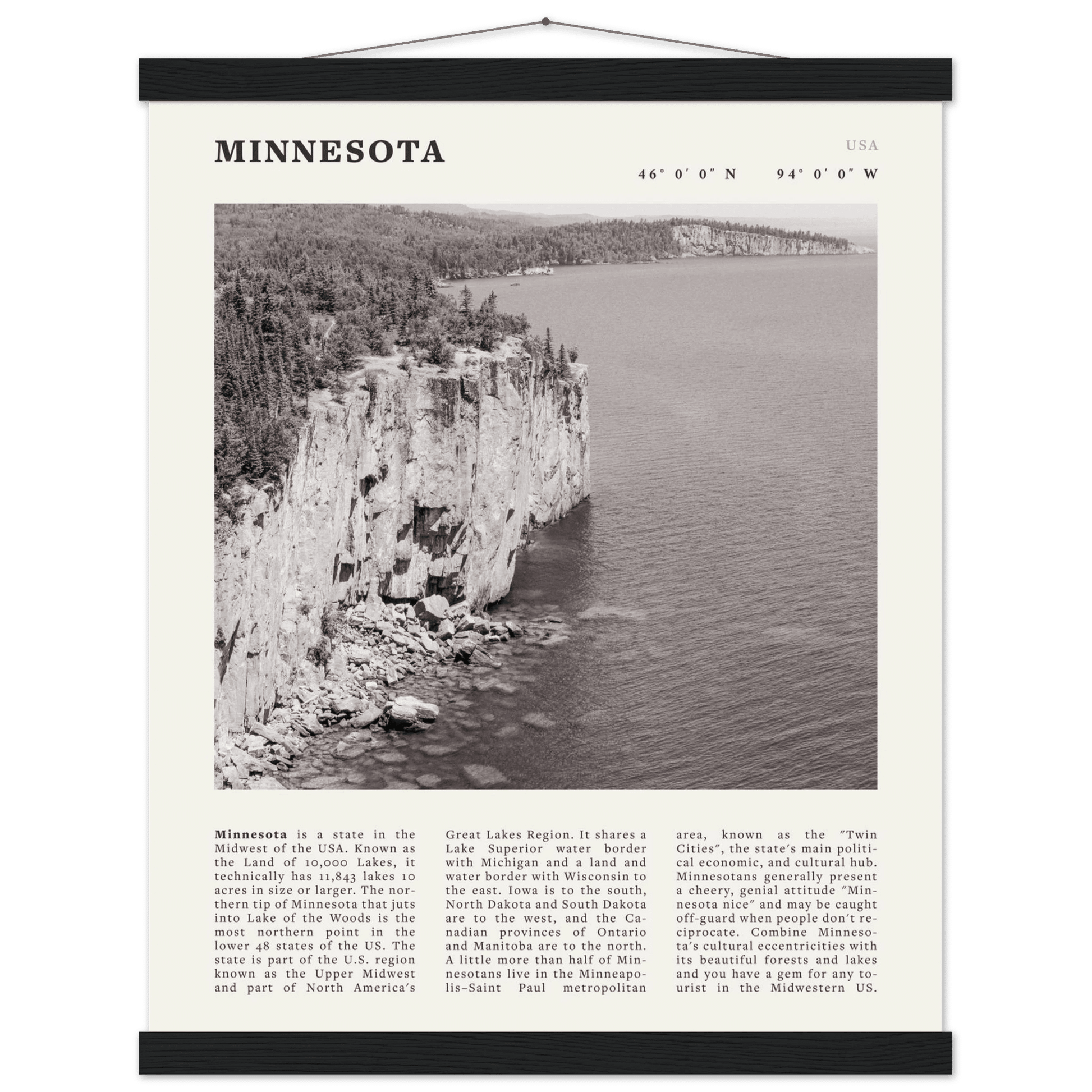 Minnesota Poster | Black & White Lake Superior Wall Art | USA Nature Travel Print - Evergreen Posters