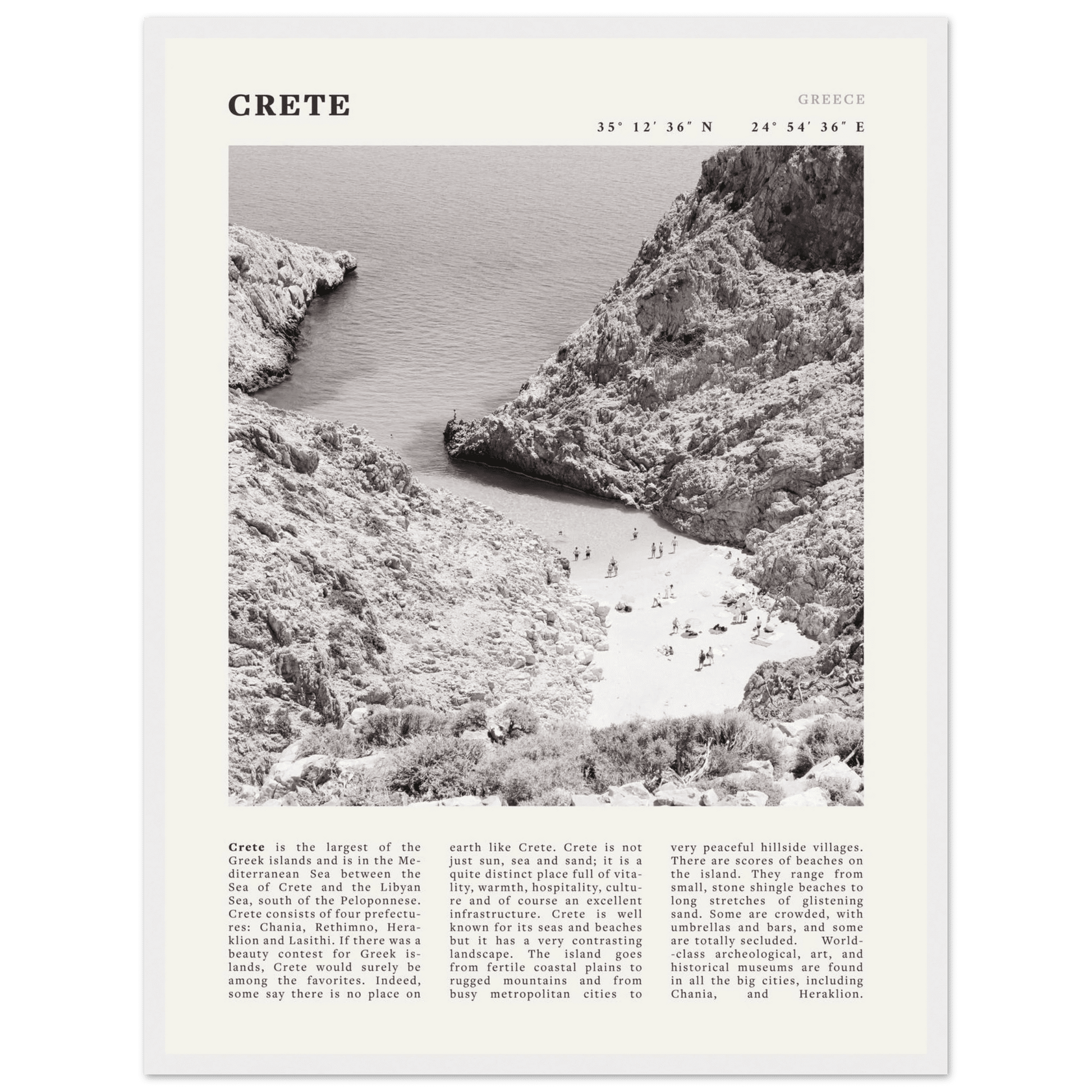 Crete Poster | Black & White Greece Beach Wall Art | Mediterranean Travel Print - Evergreen Posters