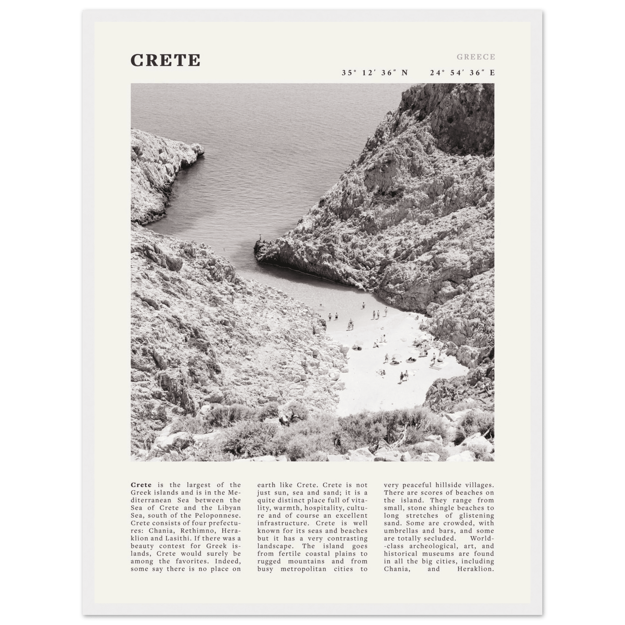 Crete Poster | Black & White Greece Beach Wall Art | Mediterranean Travel Print - Evergreen Posters
