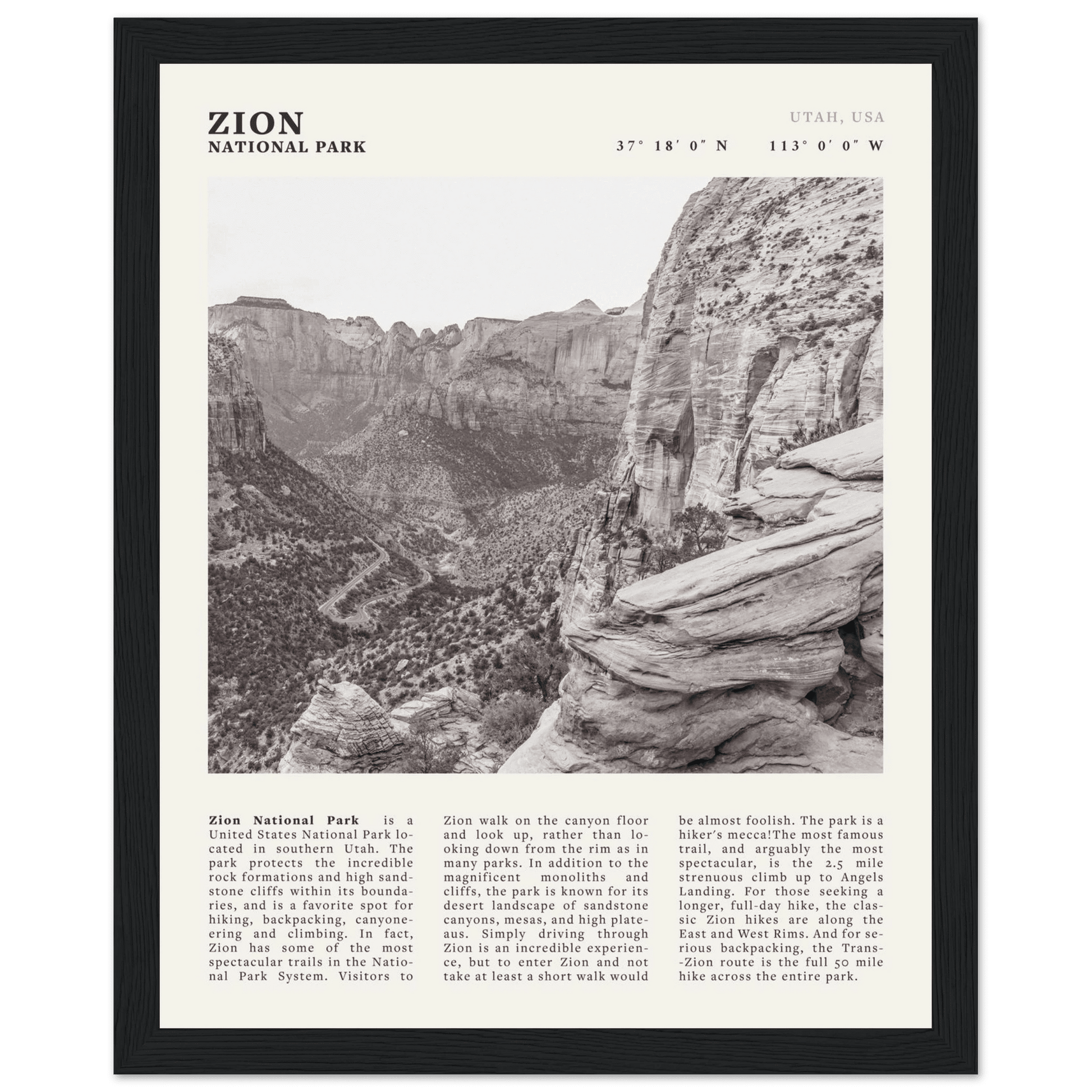 Zion National Park Poster | Black & White Utah Canyon Wall Art | USA Travel Print - Evergreen Posters