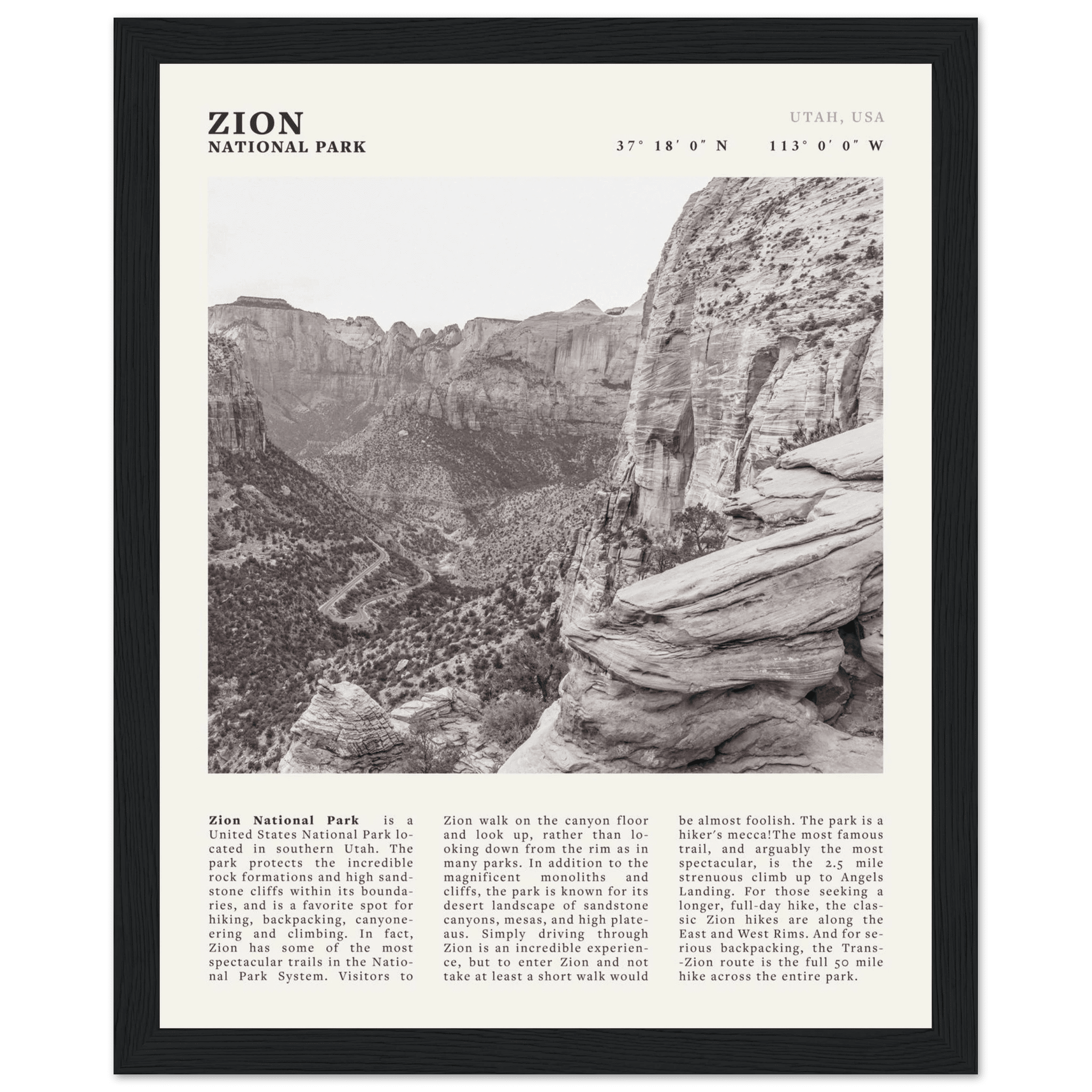 Zion National Park Poster | Black & White Utah Canyon Wall Art | USA Travel Print - Evergreen Posters