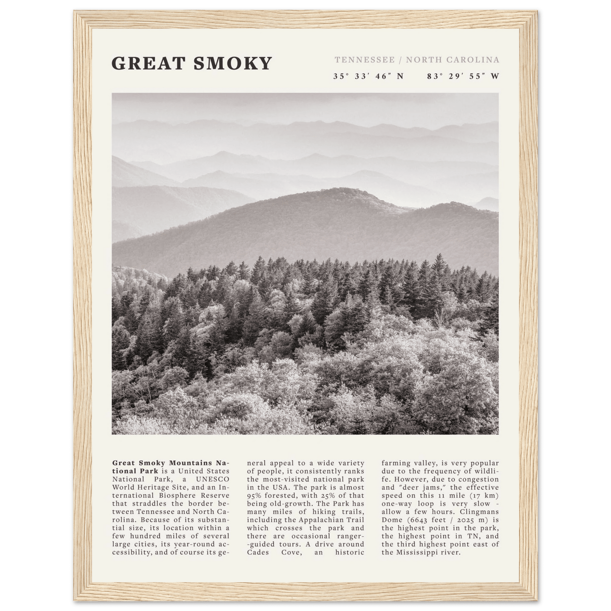 Great Smoky Mountains Poster | Black & White National Park Wall Art | Tennessee Print - Evergreen Posters