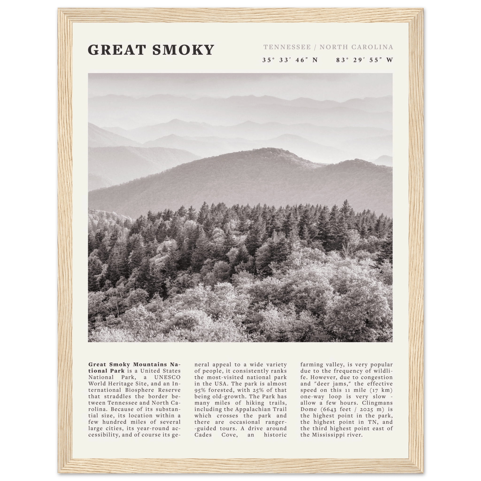 Great Smoky Mountains Poster | Black & White National Park Wall Art | Tennessee Print - Evergreen Posters