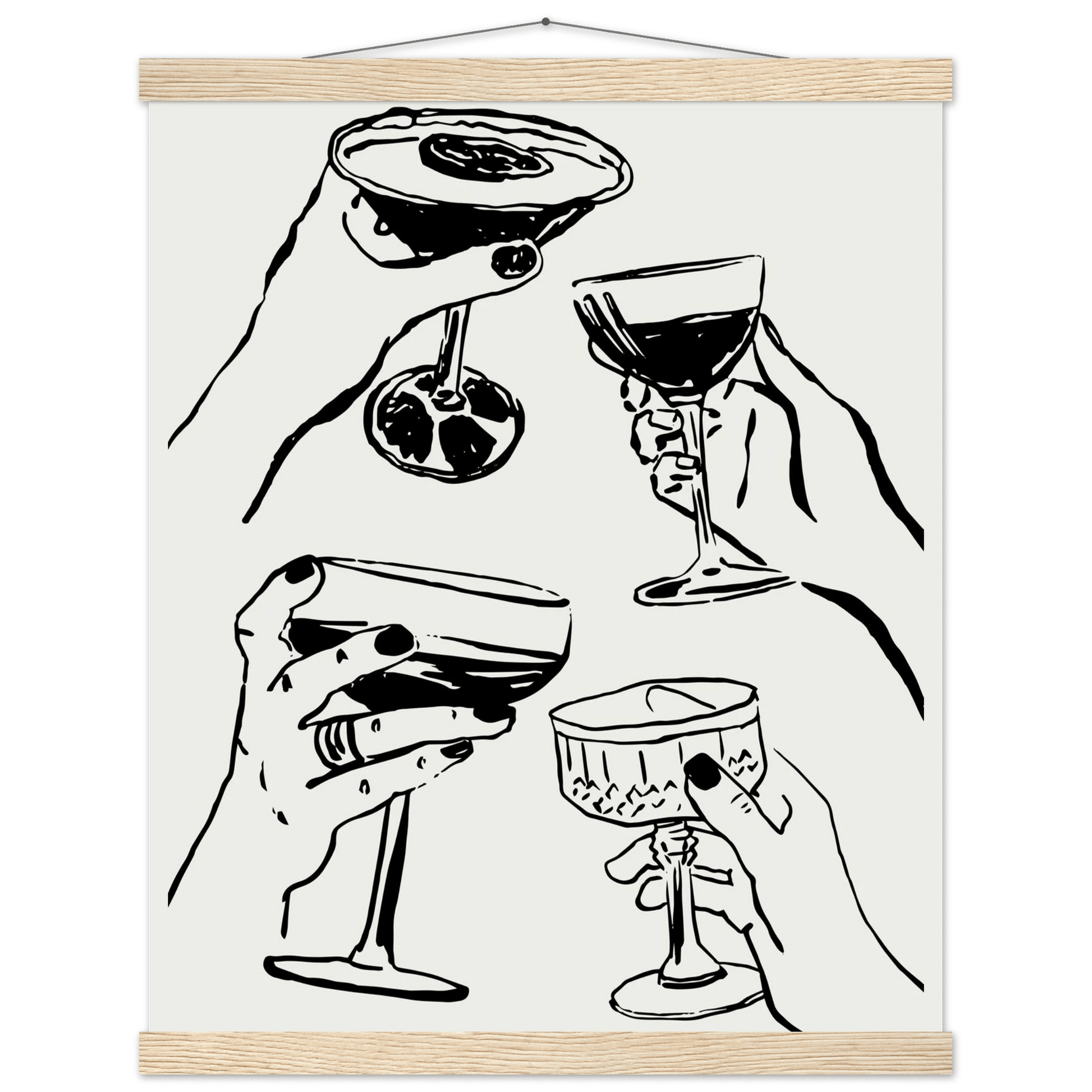 Cheers Print | Black Line Art Cocktail Glasses Wall Art | Kitchen Bar Poster - Evergreen Posters