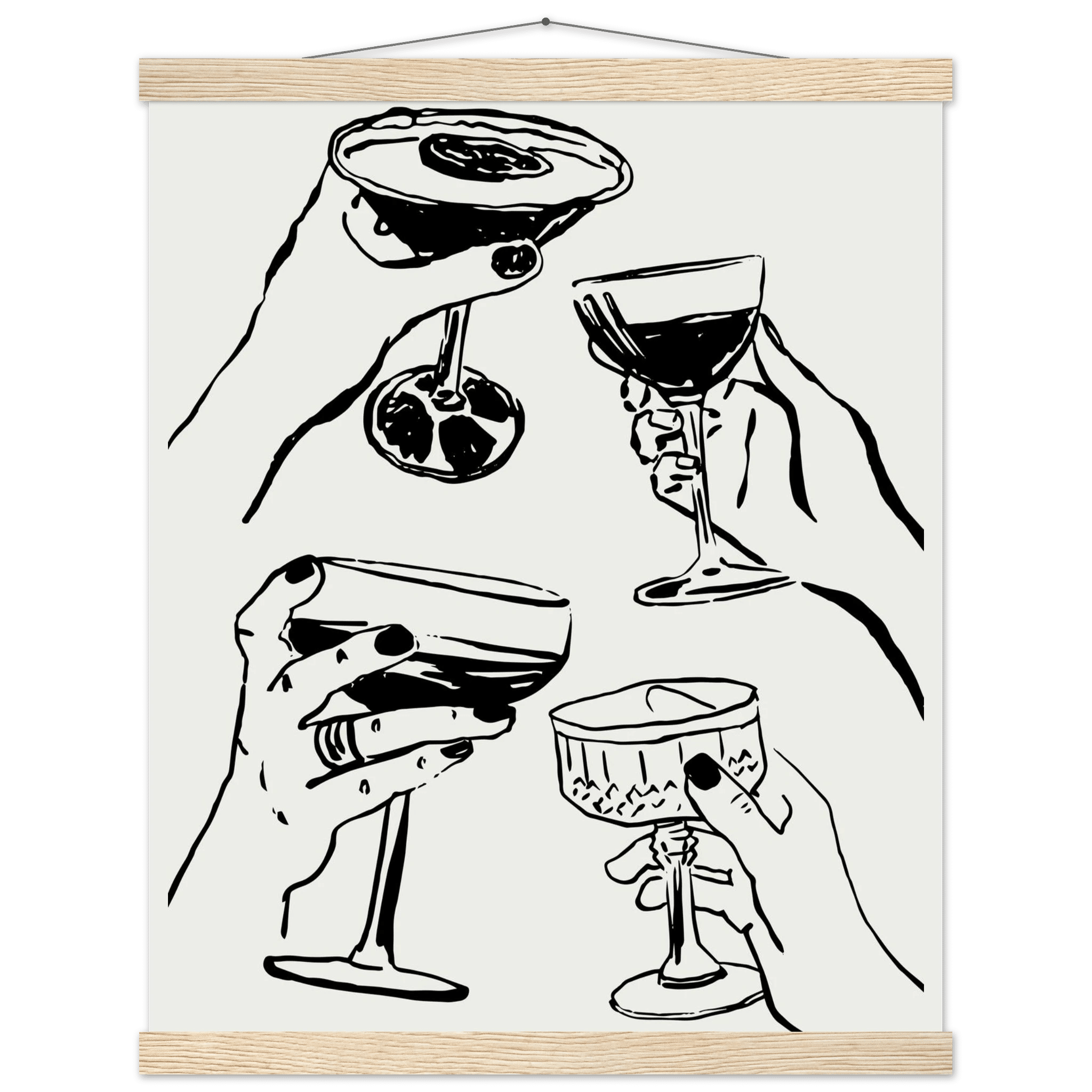 Cheers Print | Black Line Art Cocktail Glasses Wall Art | Kitchen Bar Poster - Evergreen Posters