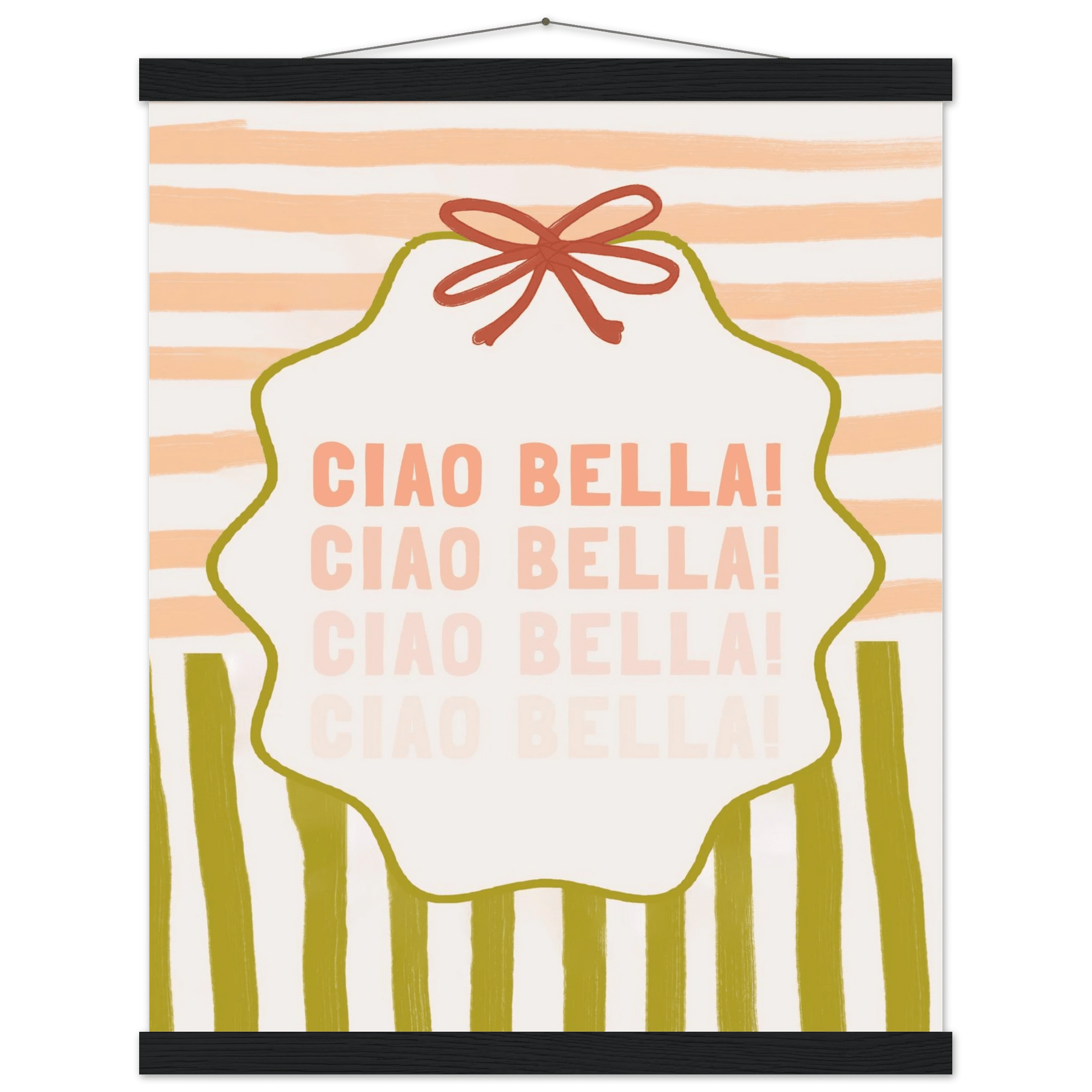 Ciao Bella Poster | Italian Typography Wall Art | Retro Stripe Bow Print | Cute Room Decor - Evergreen Posters