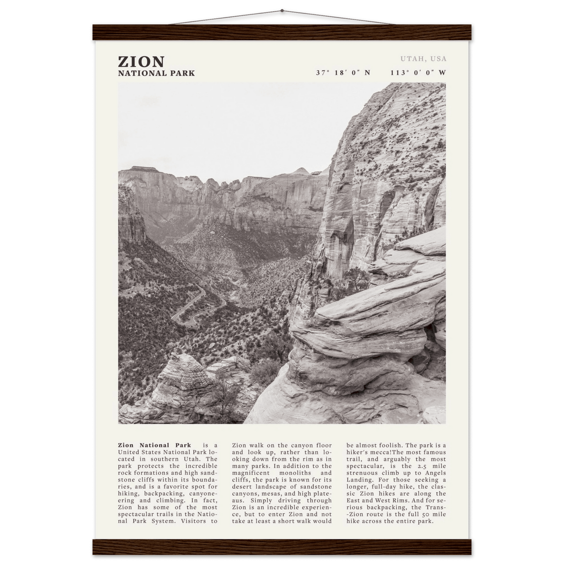 Zion National Park Poster | Black & White Utah Canyon Wall Art | USA Travel Print - Evergreen Posters