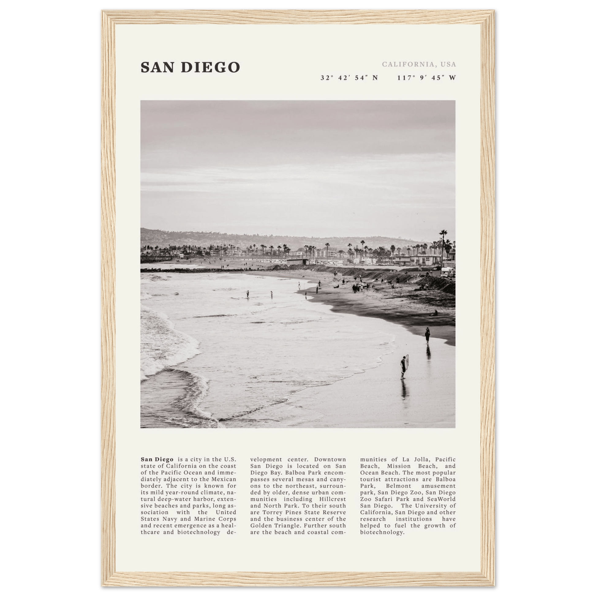 San Diego Poster | Black & White California Beach Wall Art | Coastal Travel Print Decor - Evergreen Posters