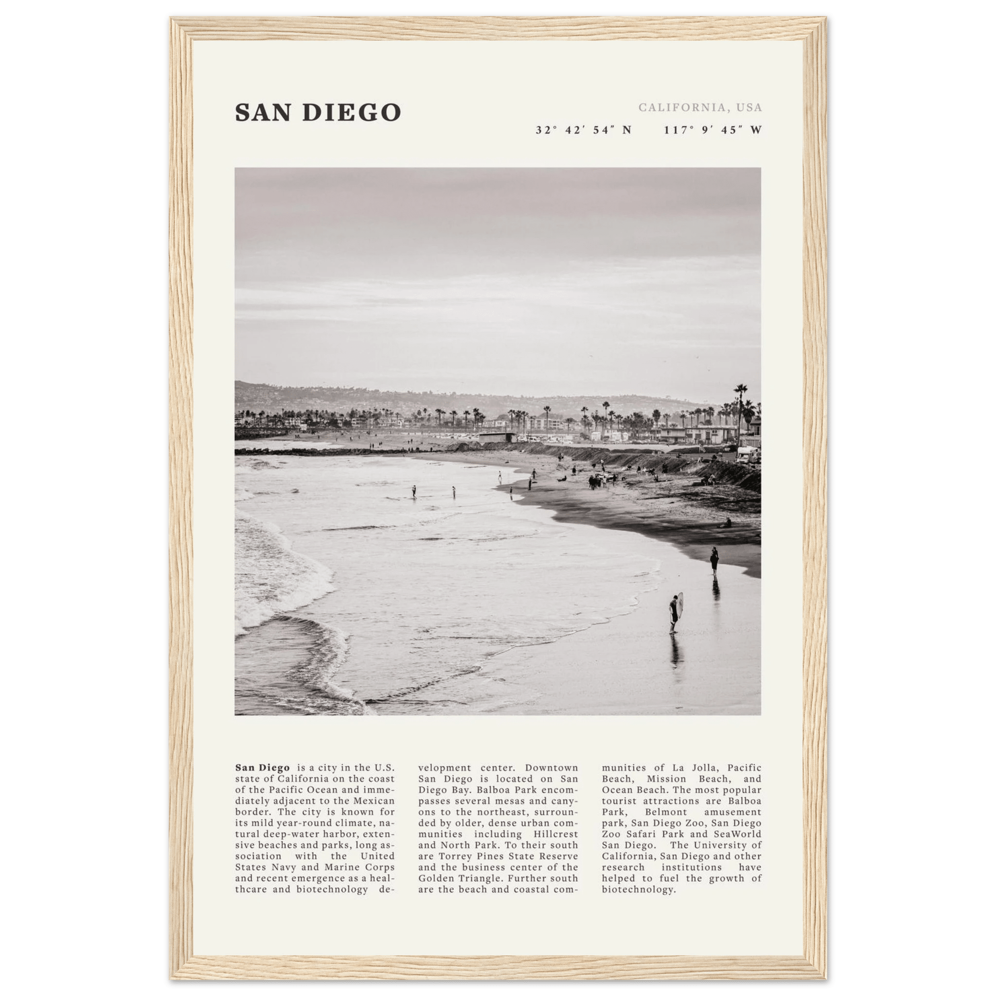 San Diego Poster | Black & White California Beach Wall Art | Coastal Travel Print Decor - Evergreen Posters