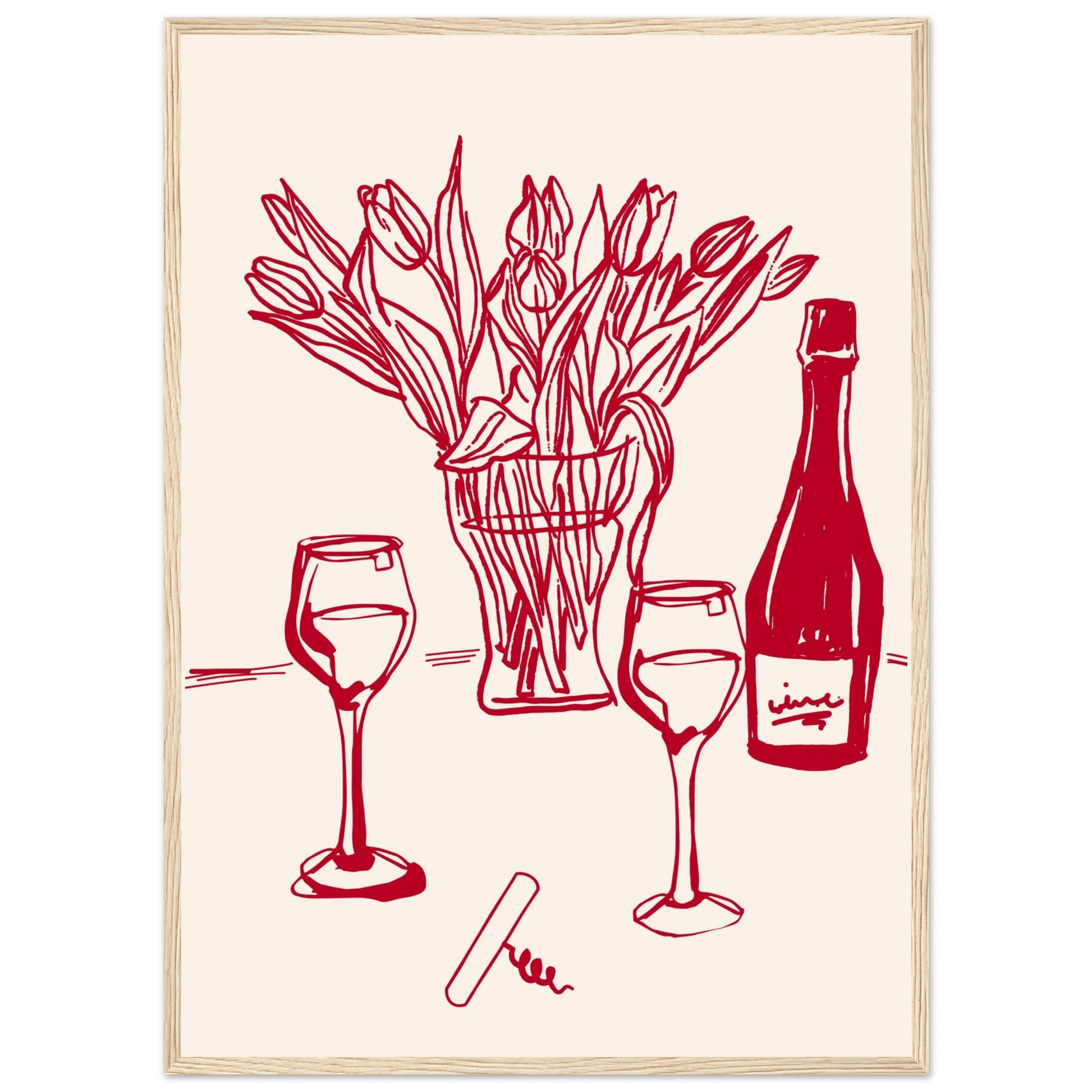 Red Wine & Tulips Print | Line Art Wine Bottle Wall Art | Kitchen Poster - Evergreen Posters