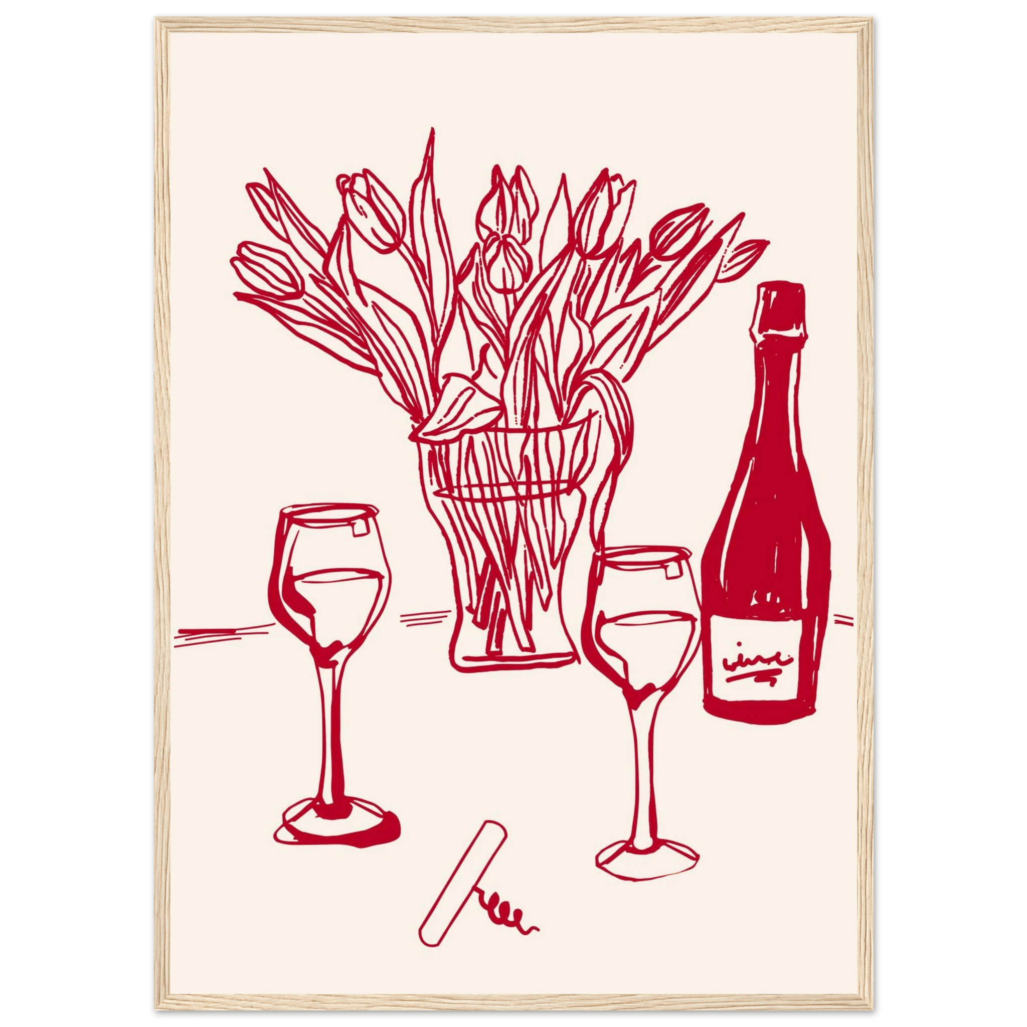 Red Wine & Tulips Print | Line Art Wine Bottle Wall Art | Kitchen Poster - Evergreen Posters