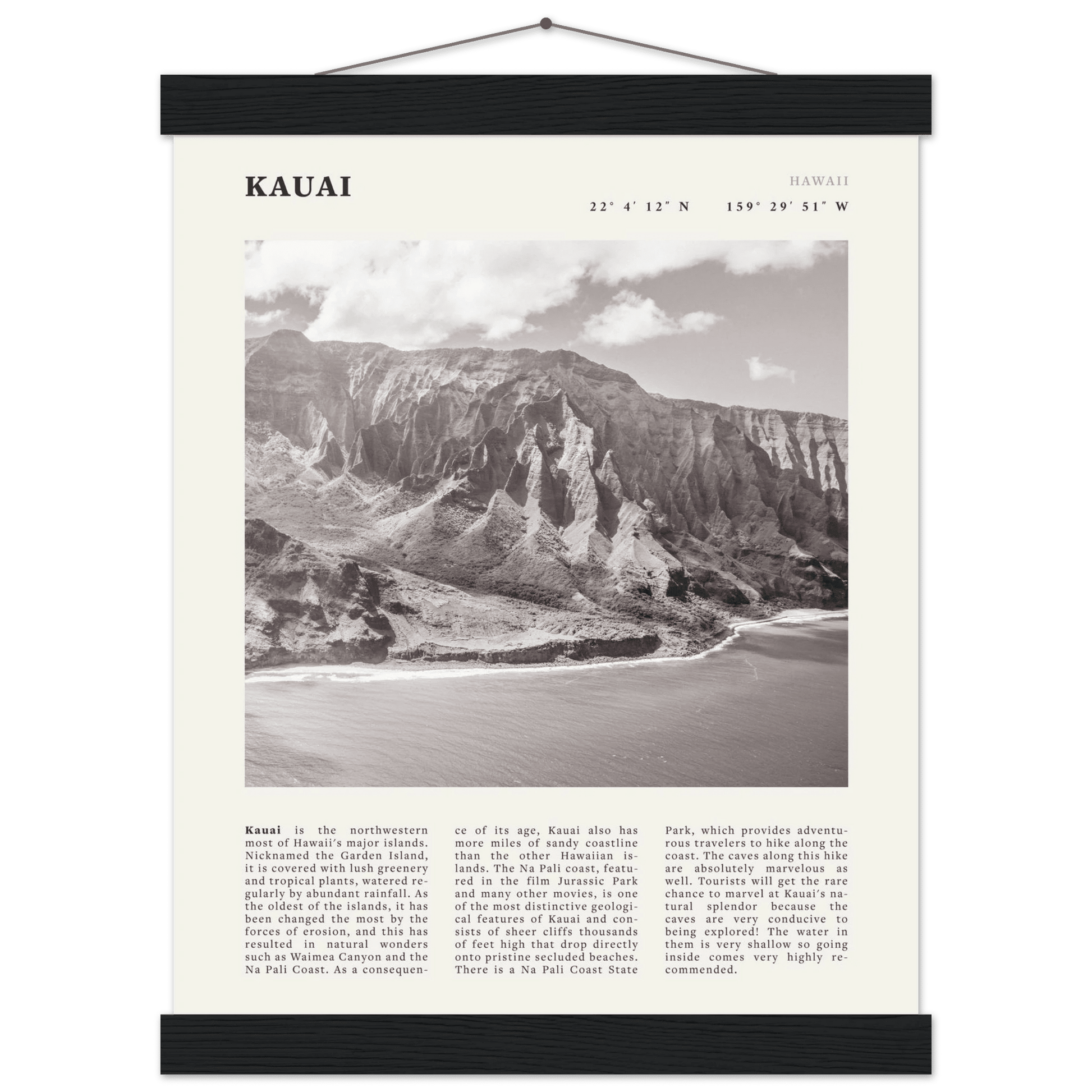 Kauai Poster | Black & White Na Pali Coast Wall Art | Hawaii Travel Print Decor - Evergreen Posters