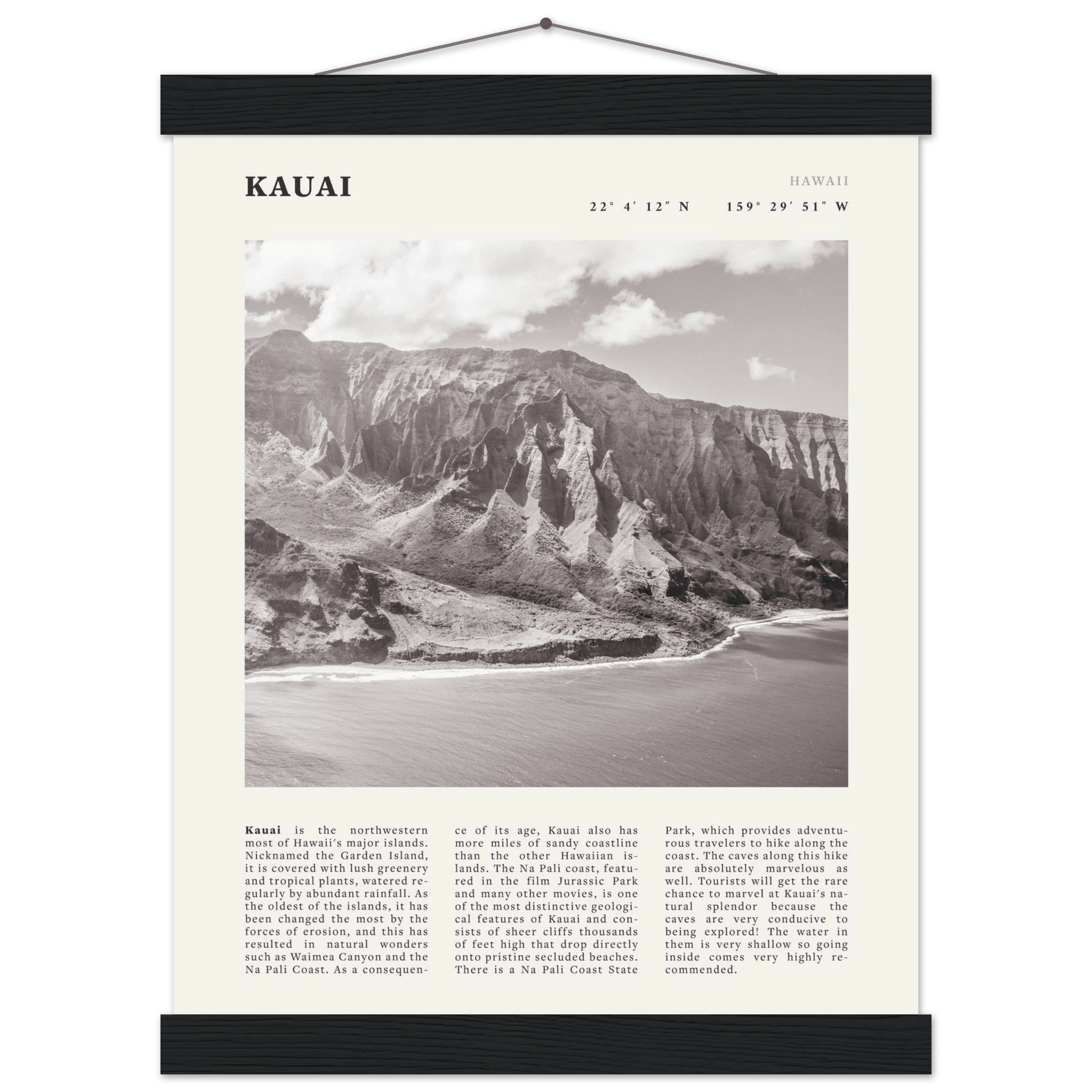 Kauai Poster | Black & White Na Pali Coast Wall Art | Hawaii Travel Print Decor - Evergreen Posters