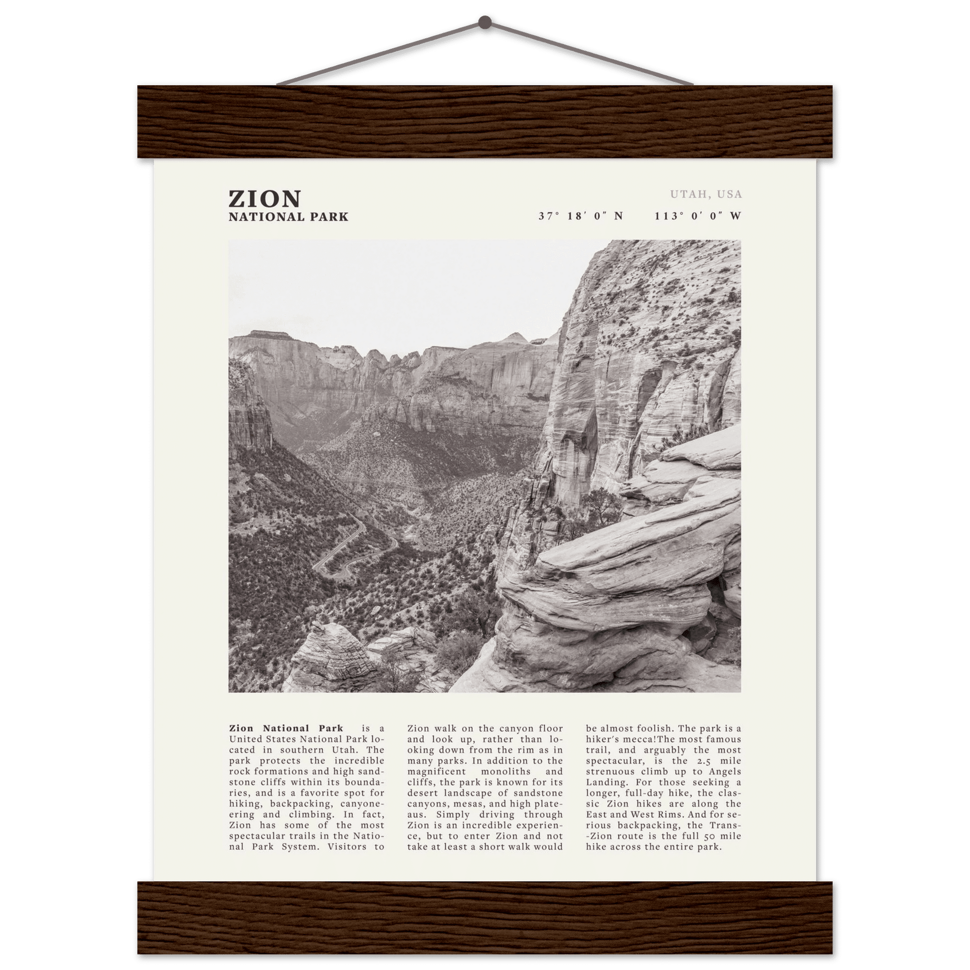 Zion National Park Poster | Black & White Utah Canyon Wall Art | USA Travel Print - Evergreen Posters