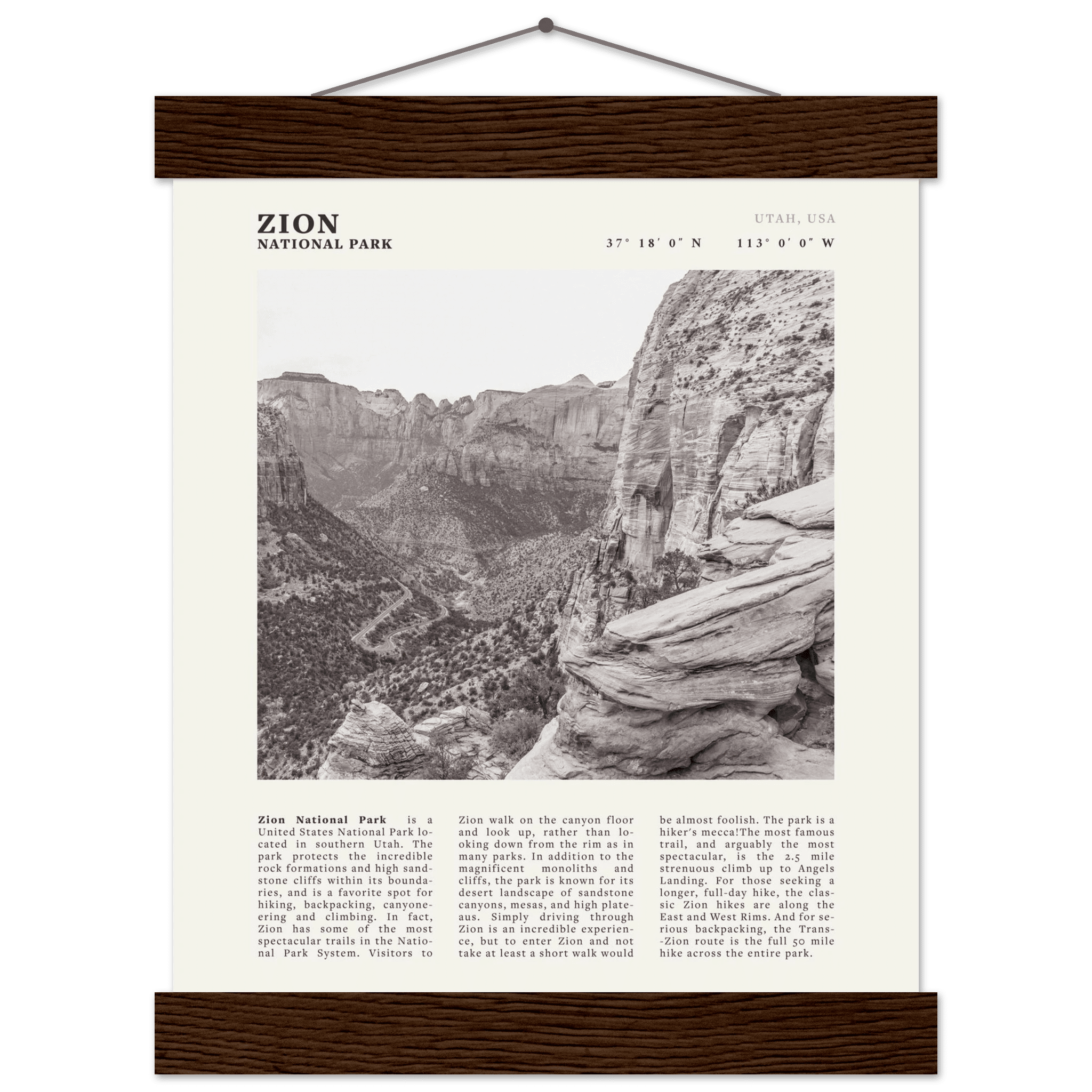 Zion National Park Poster | Black & White Utah Canyon Wall Art | USA Travel Print - Evergreen Posters
