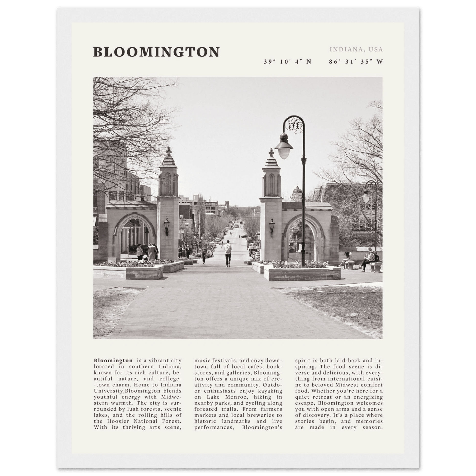 Bloomington Indiana Black and White Vintage Poster - Evergreen Posters