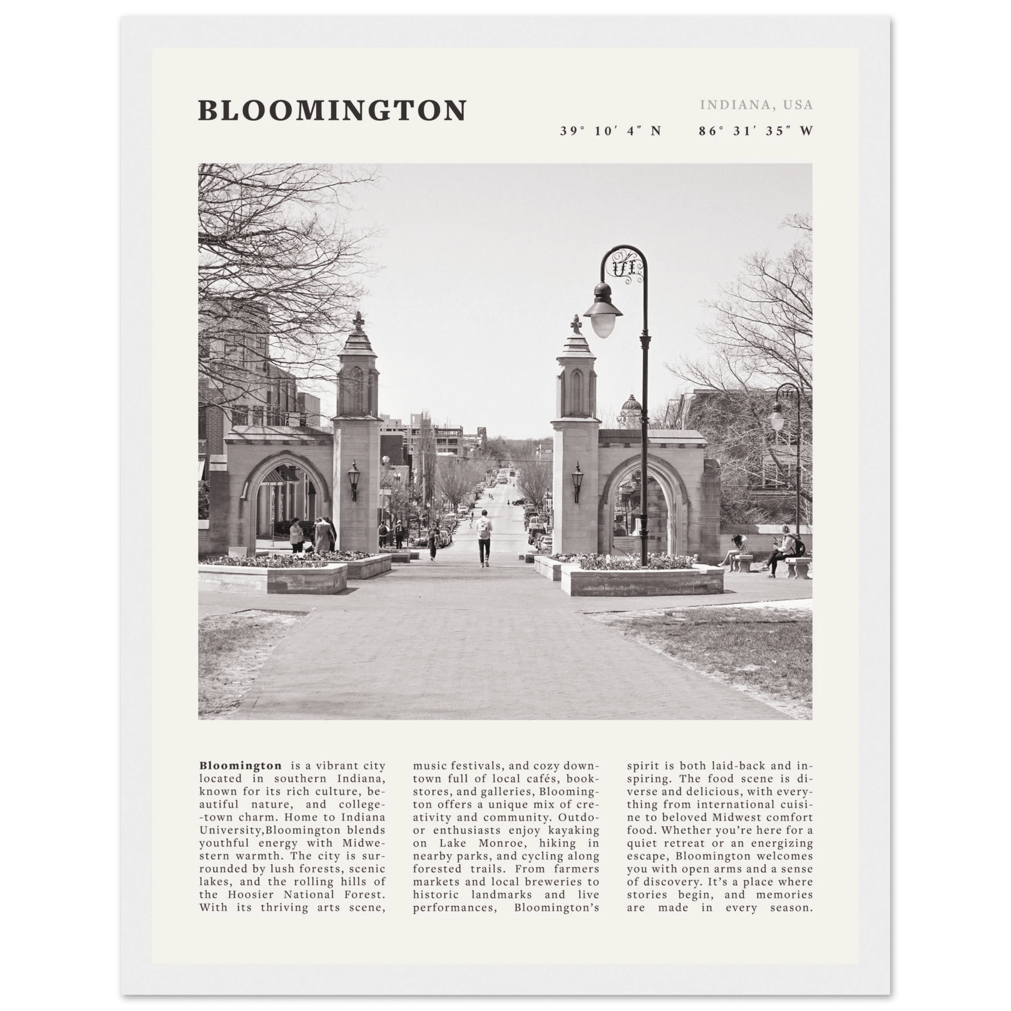 Bloomington Indiana Black and White Vintage Poster - Evergreen Posters