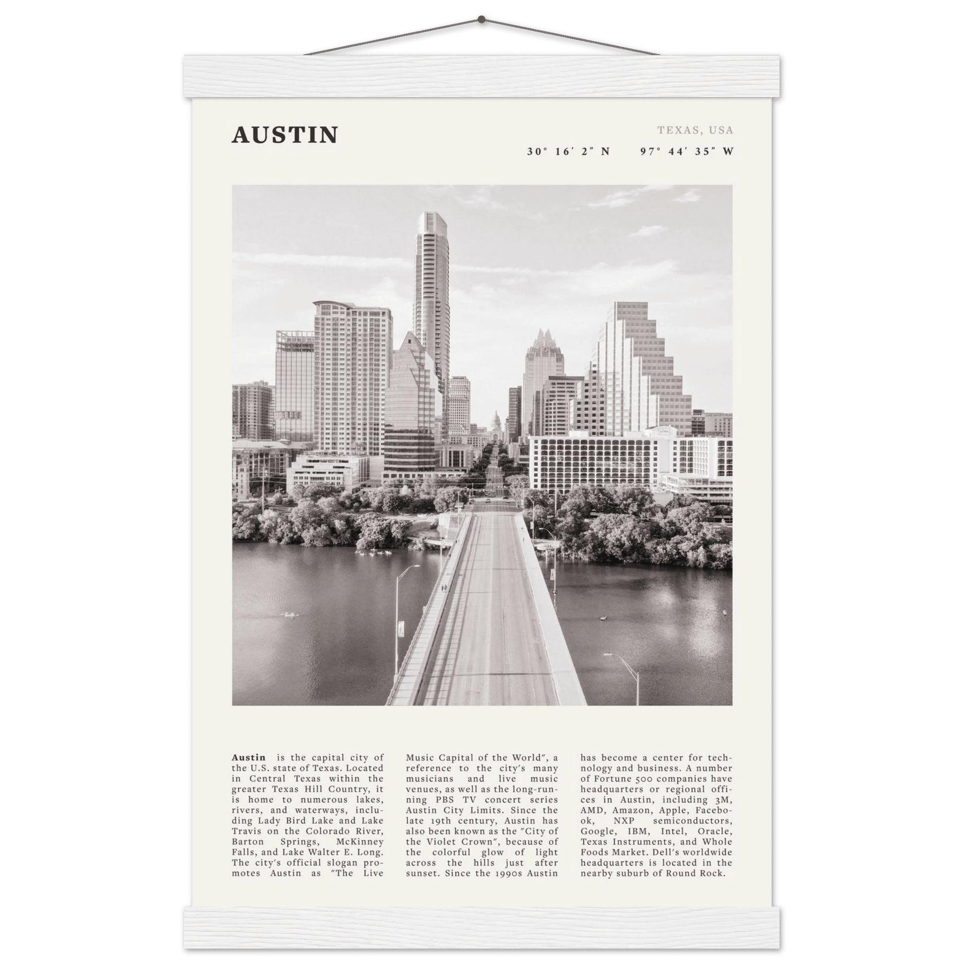 Austin Poster | Black & White Texas Skyline Wall Art | City Travel Print Decor - Evergreen Posters