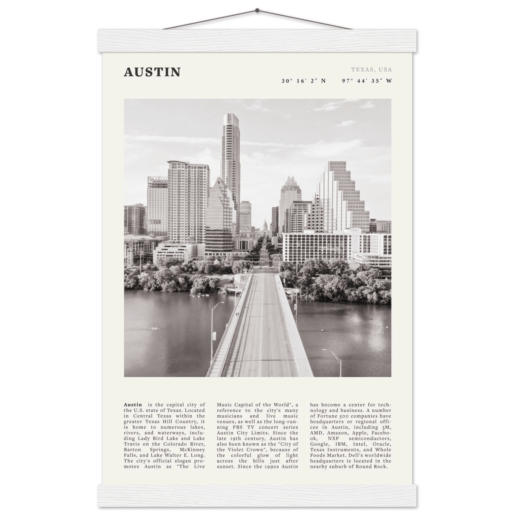 Austin Poster | Black & White Texas Skyline Wall Art | City Travel Print Decor - Evergreen Posters