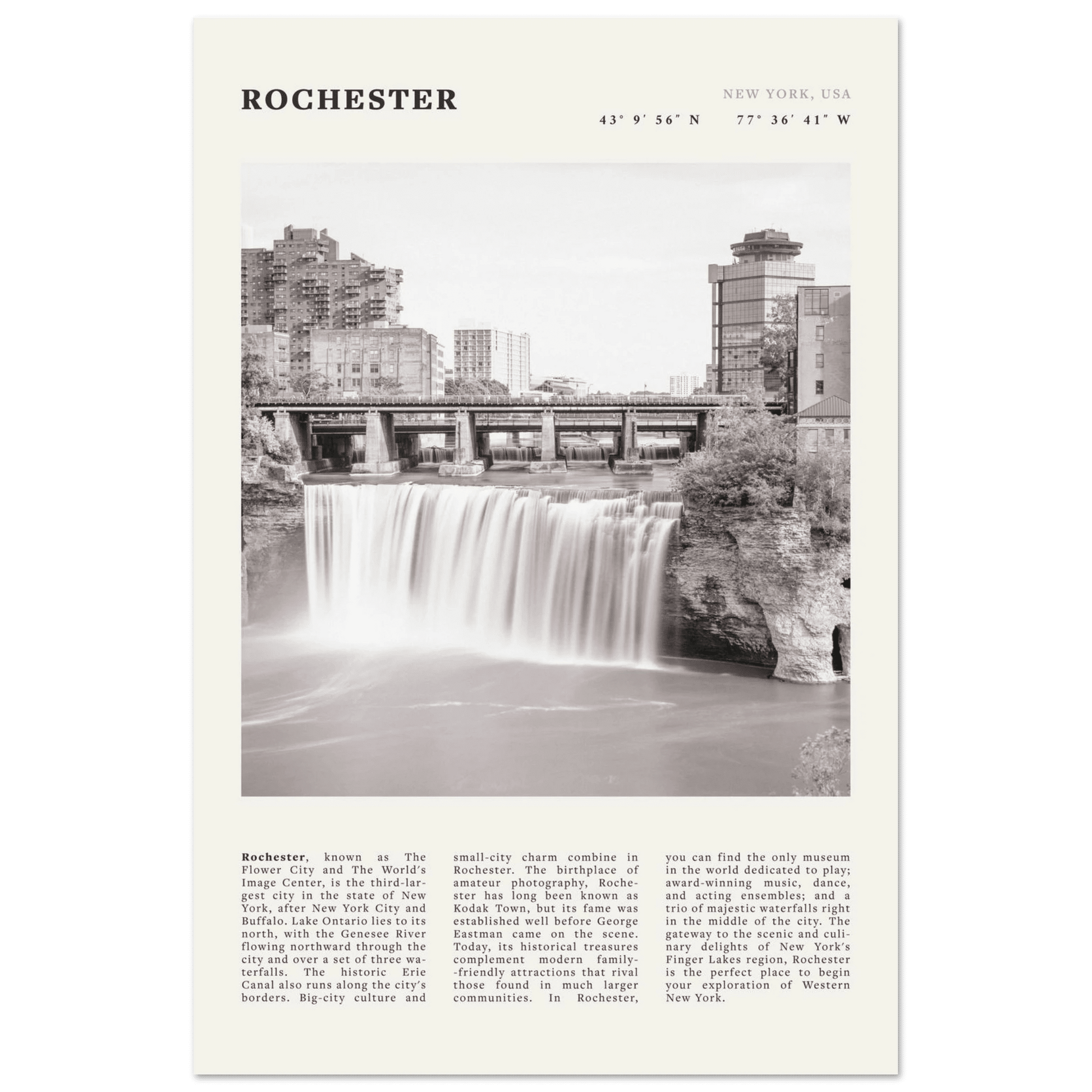 Rochester Poster | Black & White High Falls Wall Art | New York Travel Print - Evergreen Posters