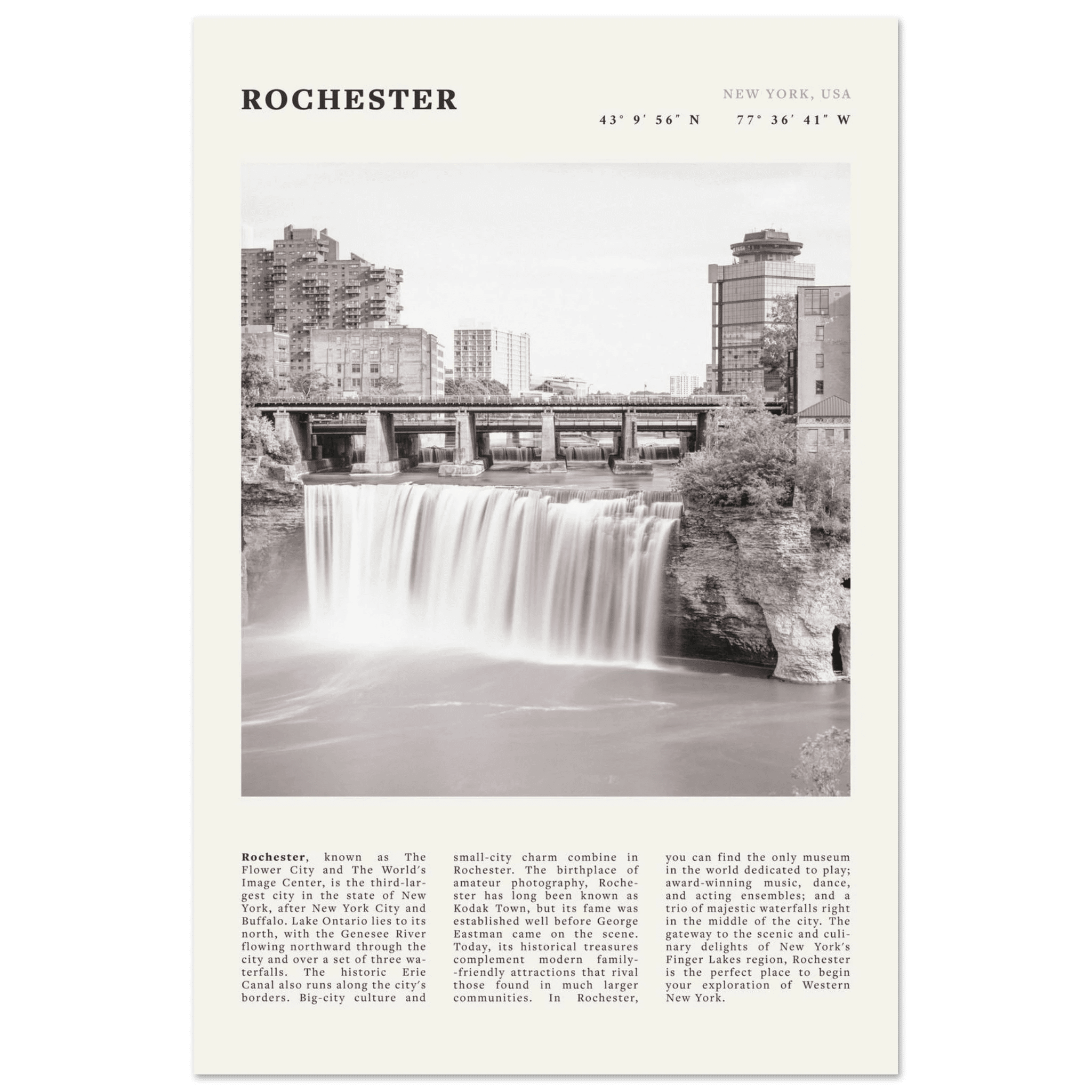 Rochester Poster | Black & White High Falls Wall Art | New York Travel Print - Evergreen Posters