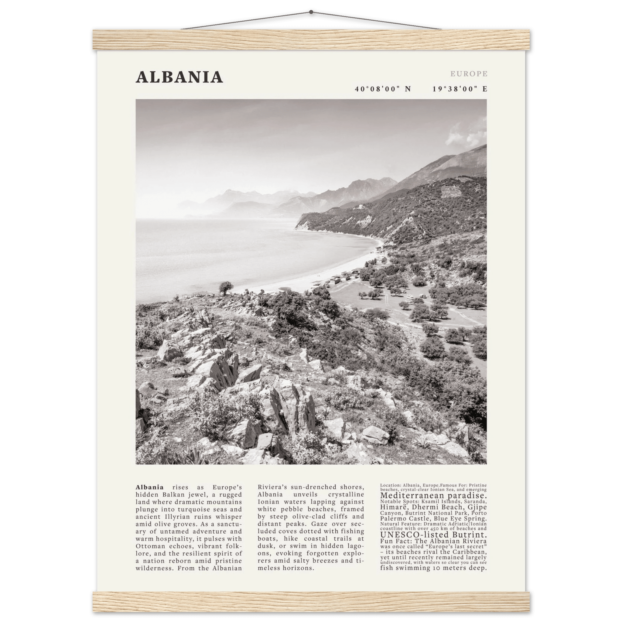 Albania Poster Black and White – Vintage Albanian Riviera Travel Print (Digital & Printed Options) - Evergreen Posters