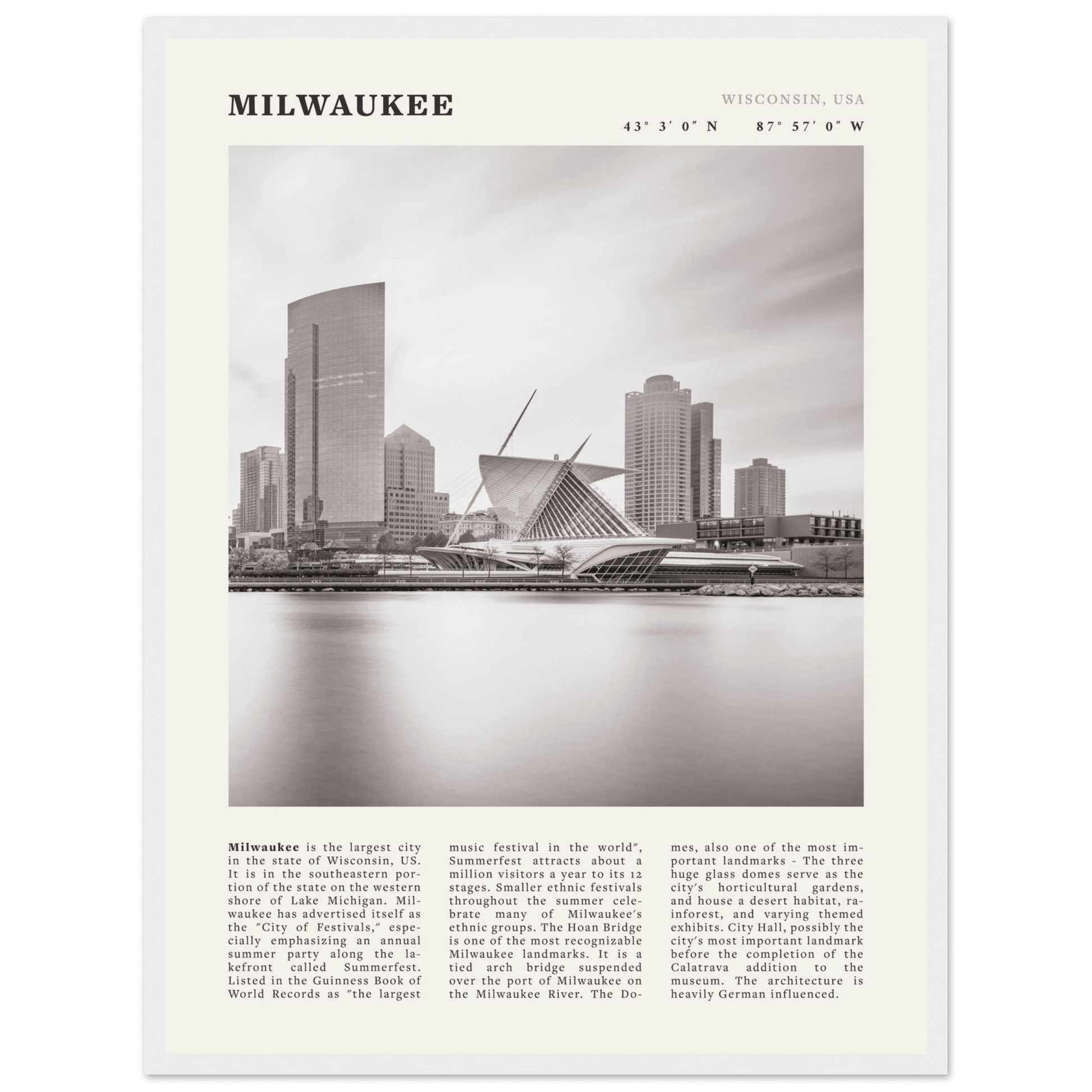 Milwaukee Poster | Black & White Wisconsin City Wall Art | USA Travel Print - Evergreen Posters