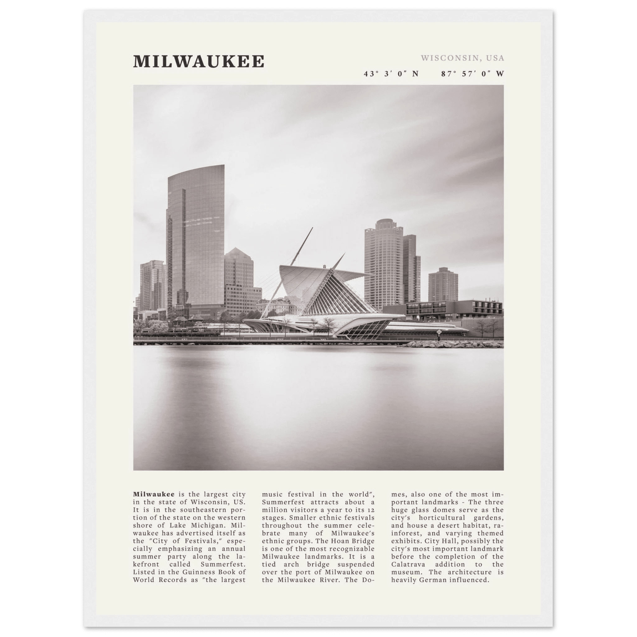 Milwaukee Poster | Black & White Wisconsin City Wall Art | USA Travel Print - Evergreen Posters