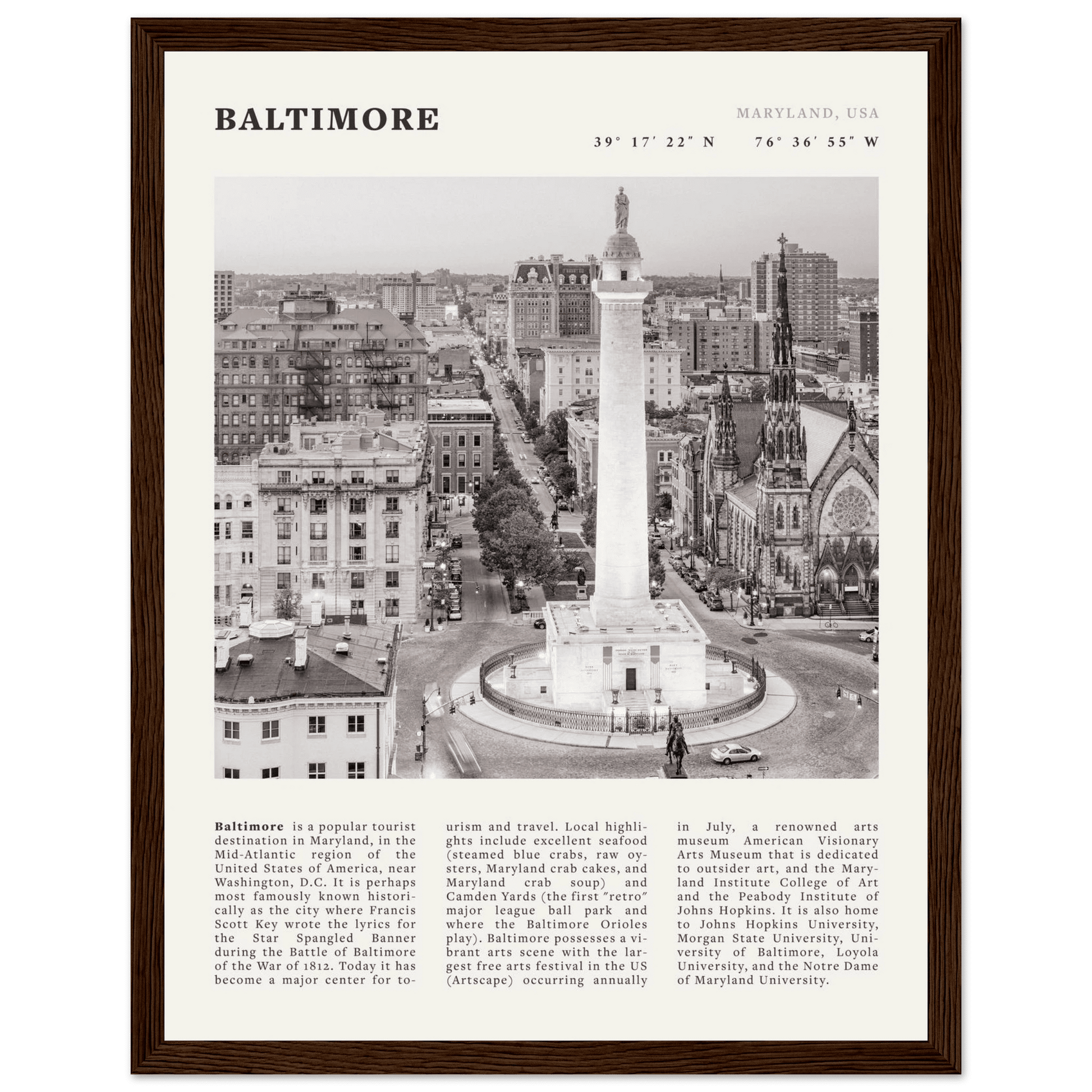 Baltimore Poster | Black & White Maryland City Wall Art | USA Travel Print - Evergreen Posters