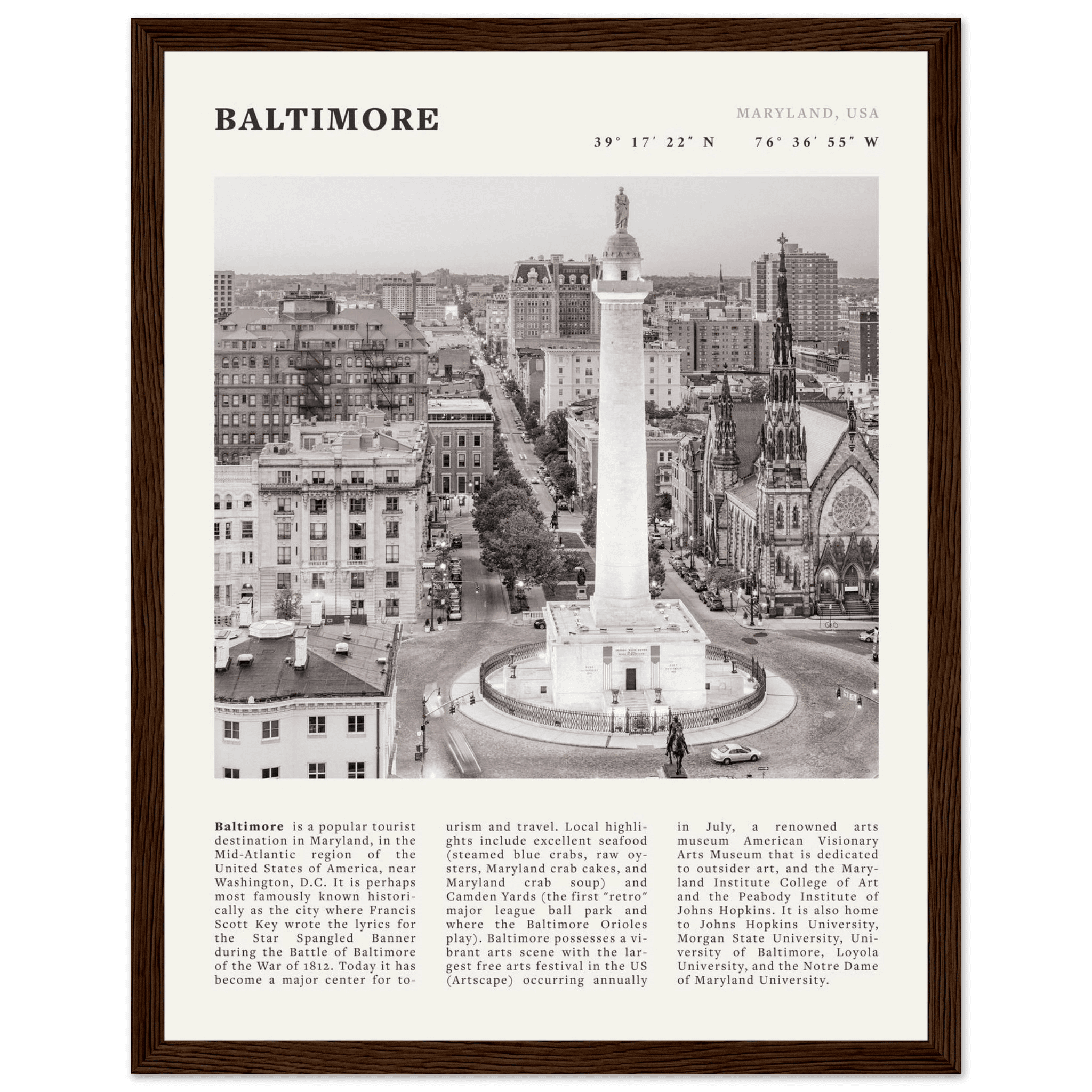 Baltimore Poster | Black & White Maryland City Wall Art | USA Travel Print - Evergreen Posters