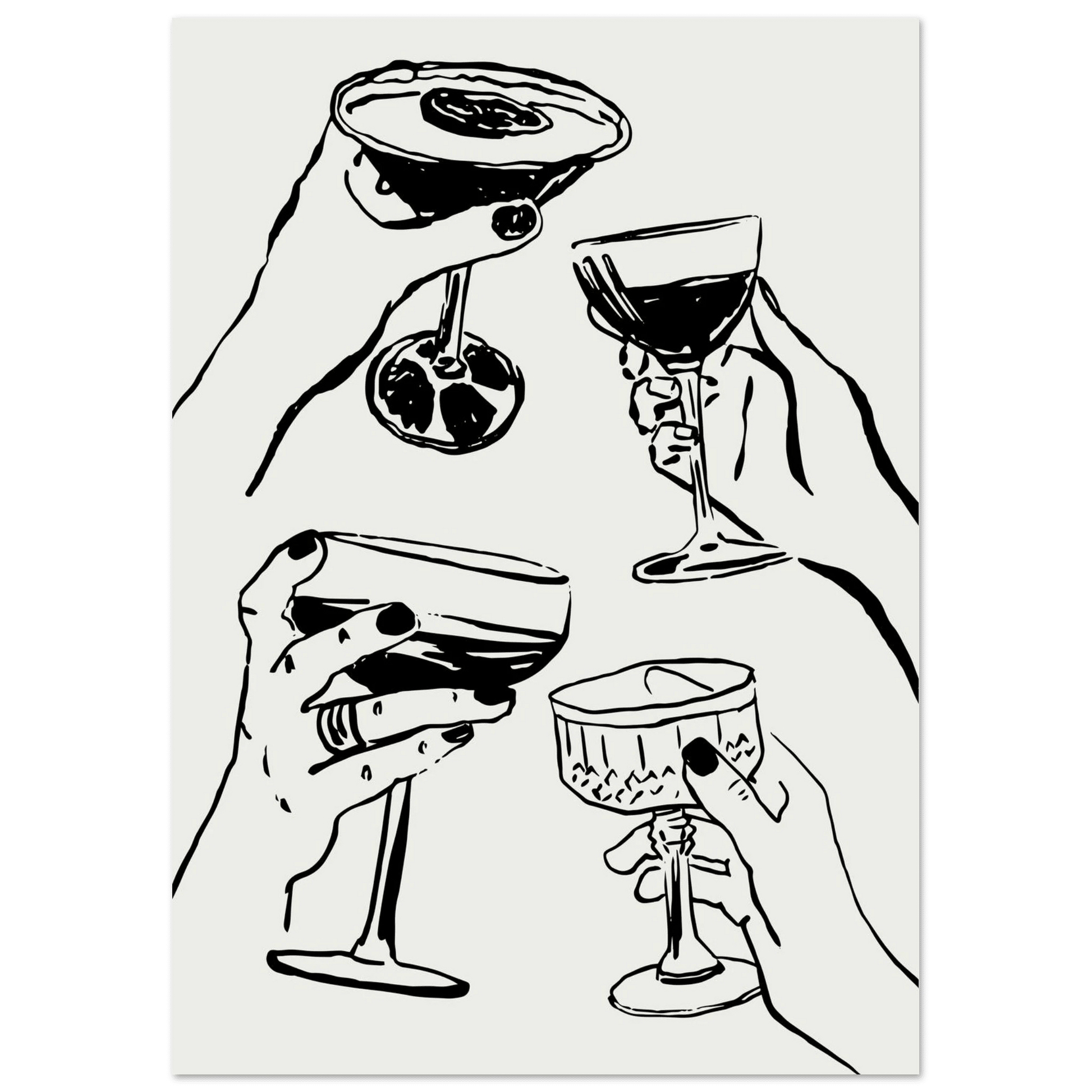 Cheers Print | Black Line Art Cocktail Glasses Wall Art | Kitchen Bar Poster - Evergreen Posters