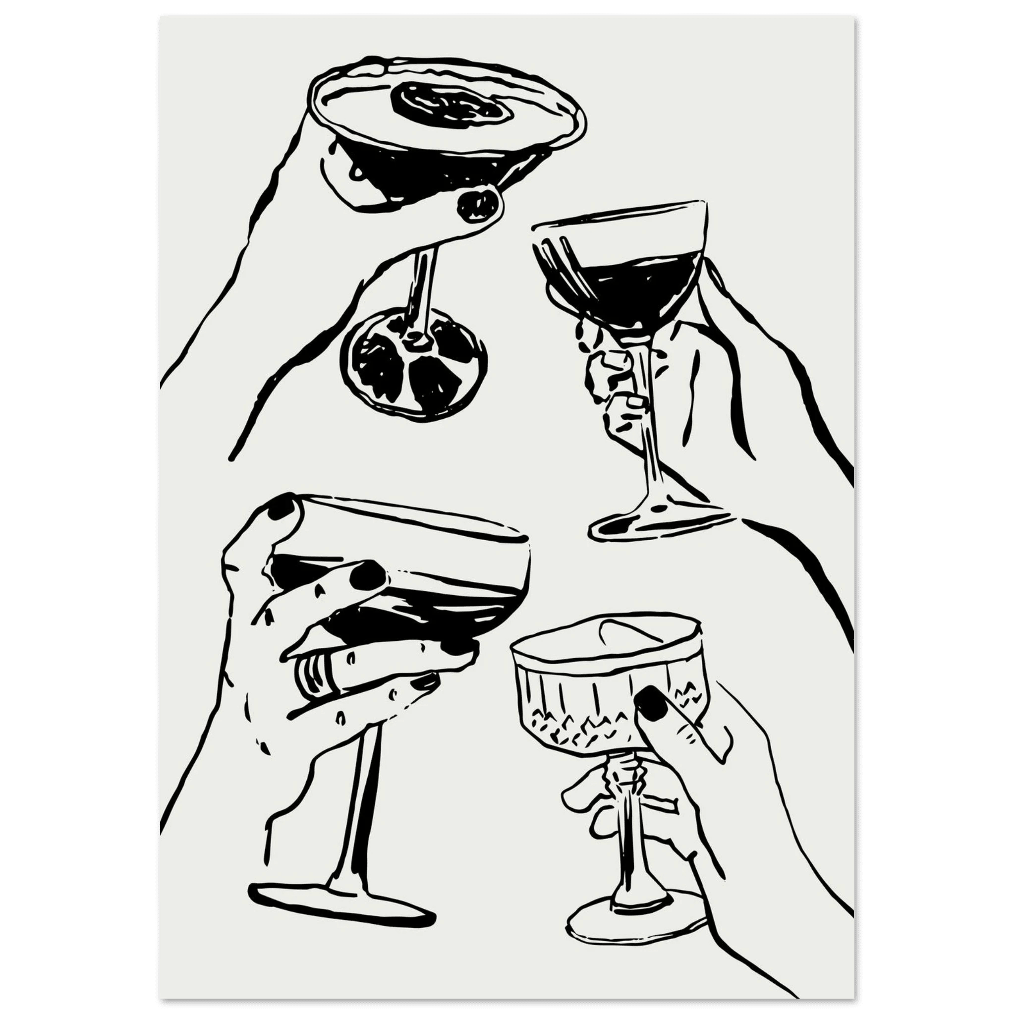 Cheers Print | Black Line Art Cocktail Glasses Wall Art | Kitchen Bar Poster - Evergreen Posters