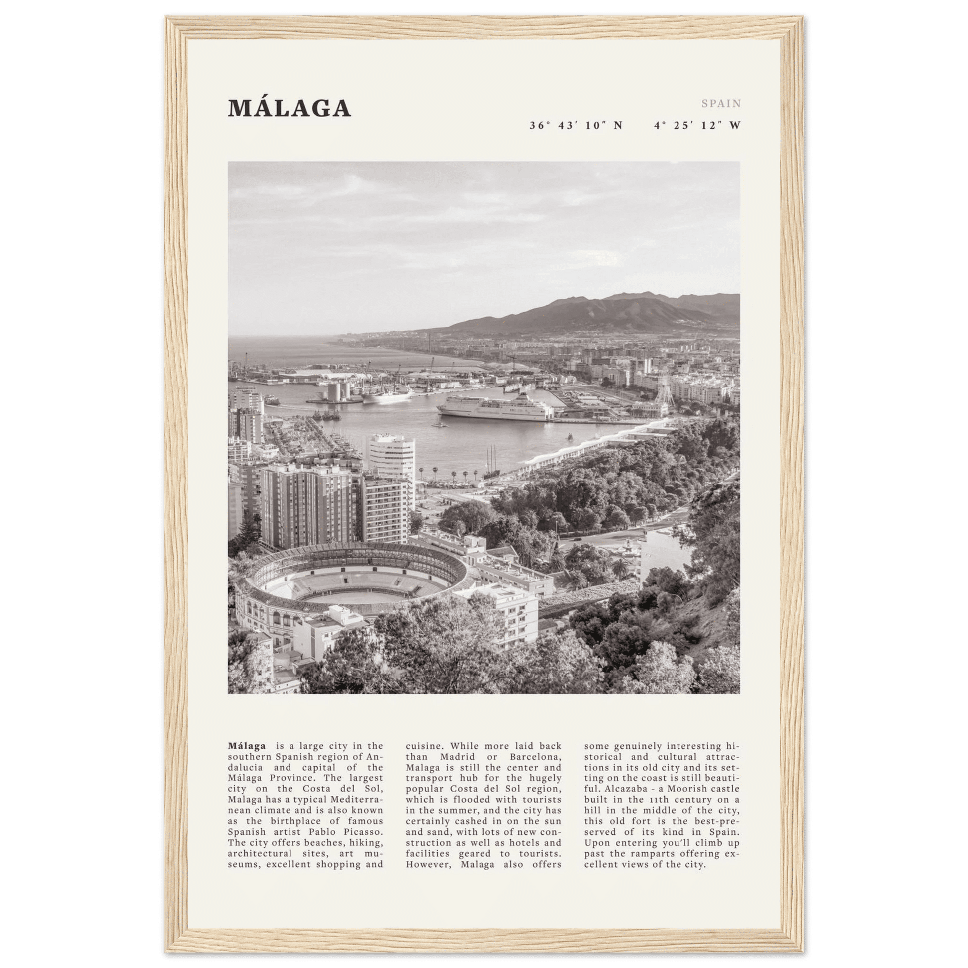 Málaga Poster | Black & White Costa del Sol Wall Art | Spain Travel Print - Evergreen Posters