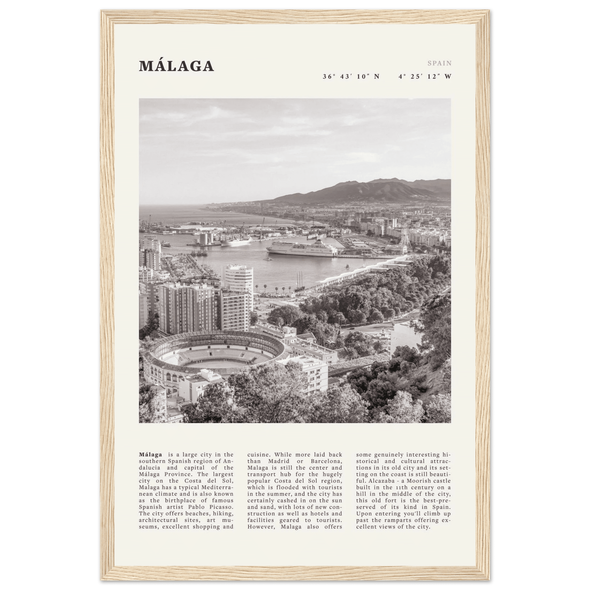 Málaga Poster | Black & White Costa del Sol Wall Art | Spain Travel Print - Evergreen Posters