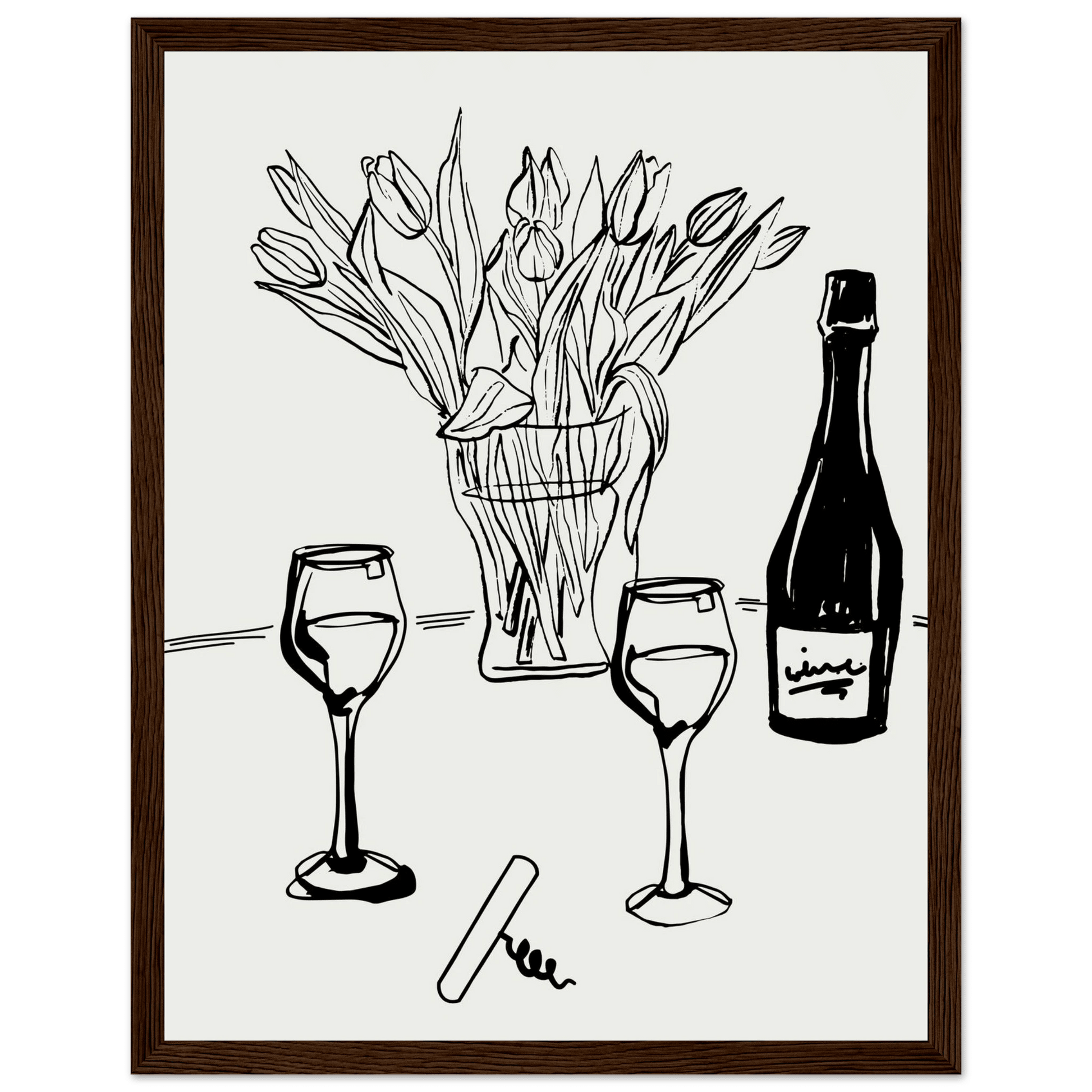 Wine & Tulips Print | Black Line Art Wine Bottle Wall Art | Minimalist Kitchen Poster - Evergreen Posters