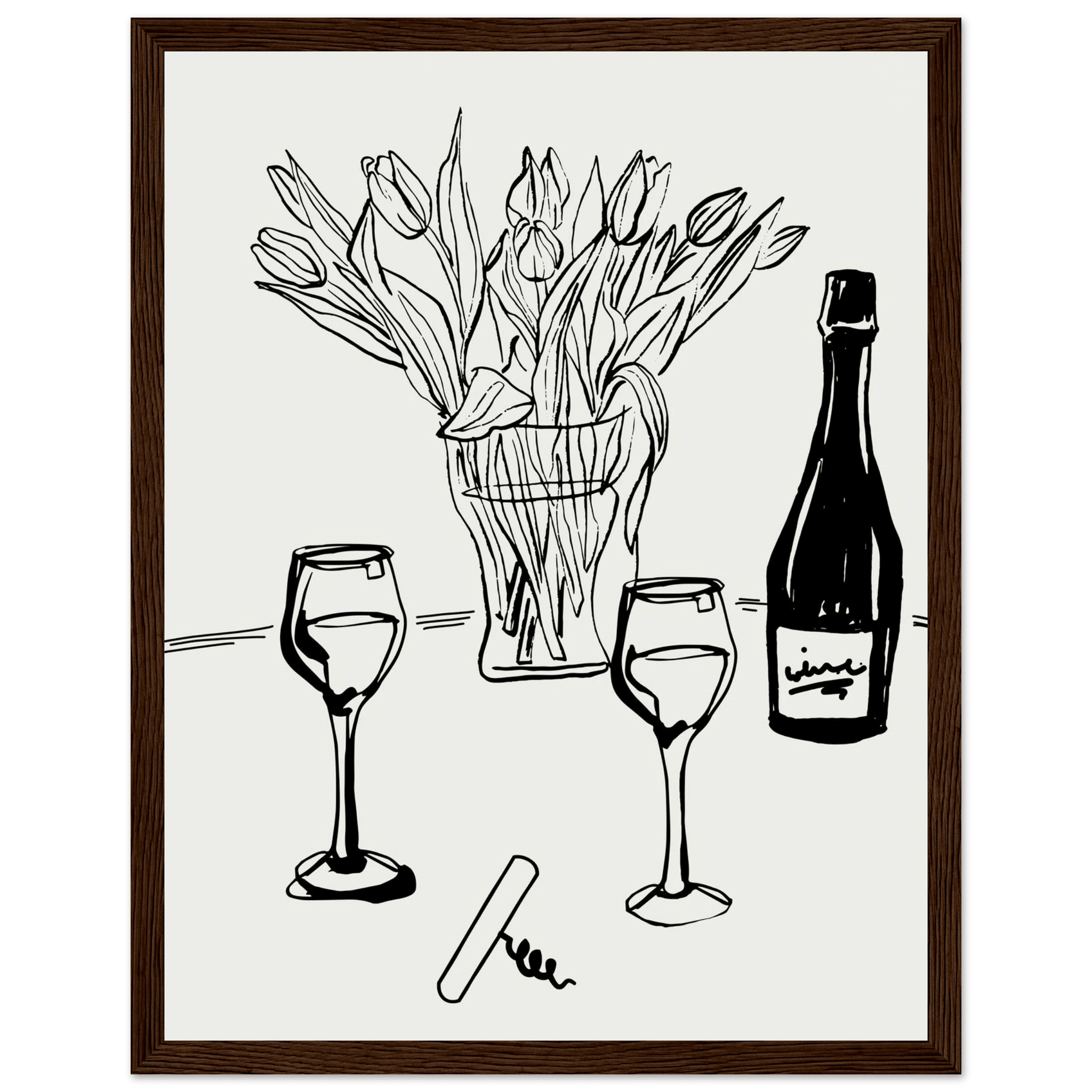 Wine & Tulips Print | Black Line Art Wine Bottle Wall Art | Minimalist Kitchen Poster - Evergreen Posters