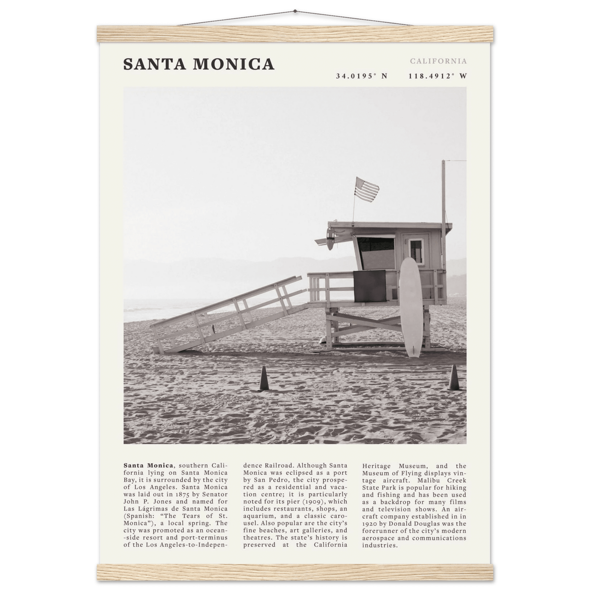 Santa Monica Poster | Black & White California Wall Art | Beach Travel Print | Coastal Decor - Evergreen Posters