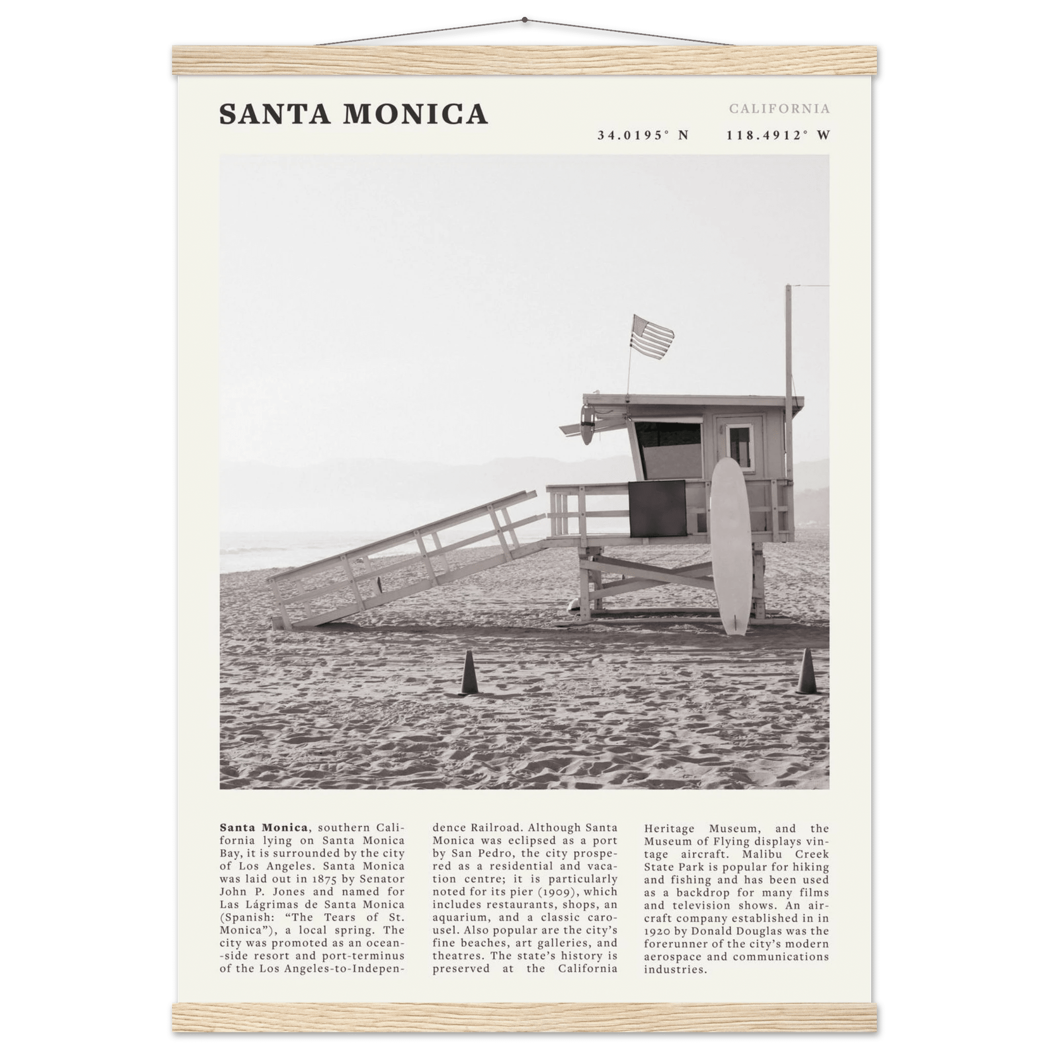 Santa Monica Poster | Black & White California Wall Art | Beach Travel Print | Coastal Decor - Evergreen Posters