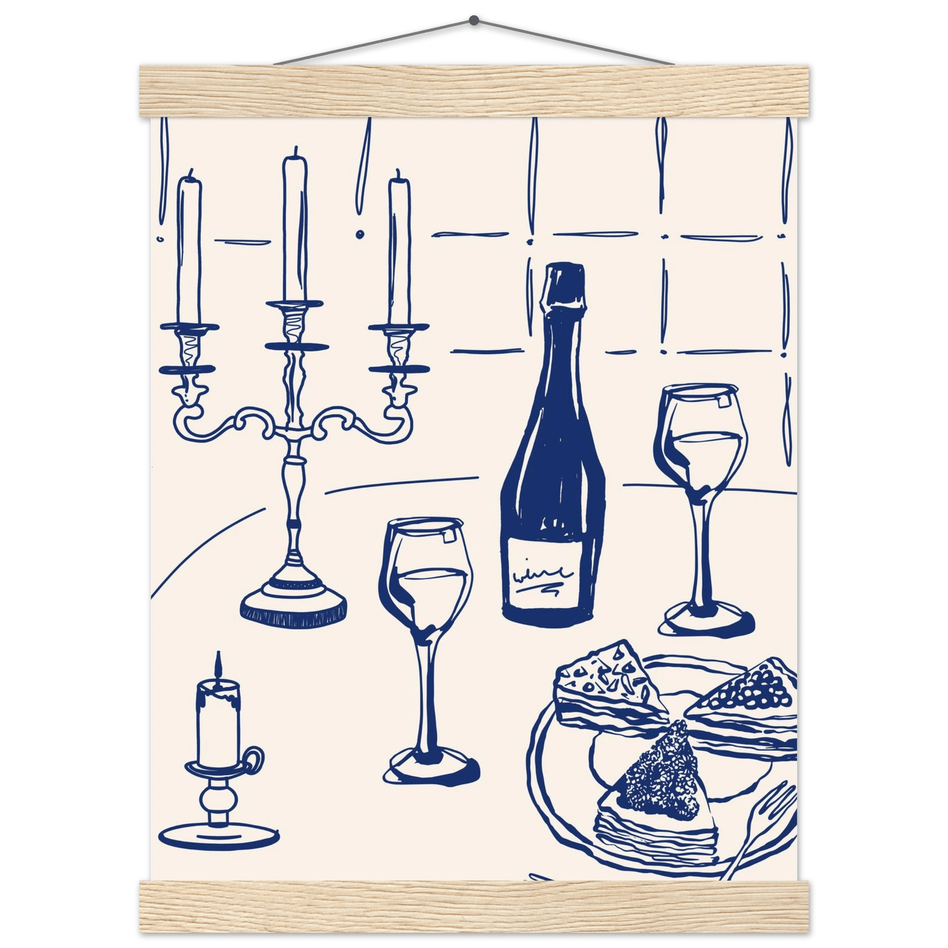 Candlelight Dinner Print | Navy Blue Wine & Candelabra Line Art | Kitchen Poster - Evergreen Posters
