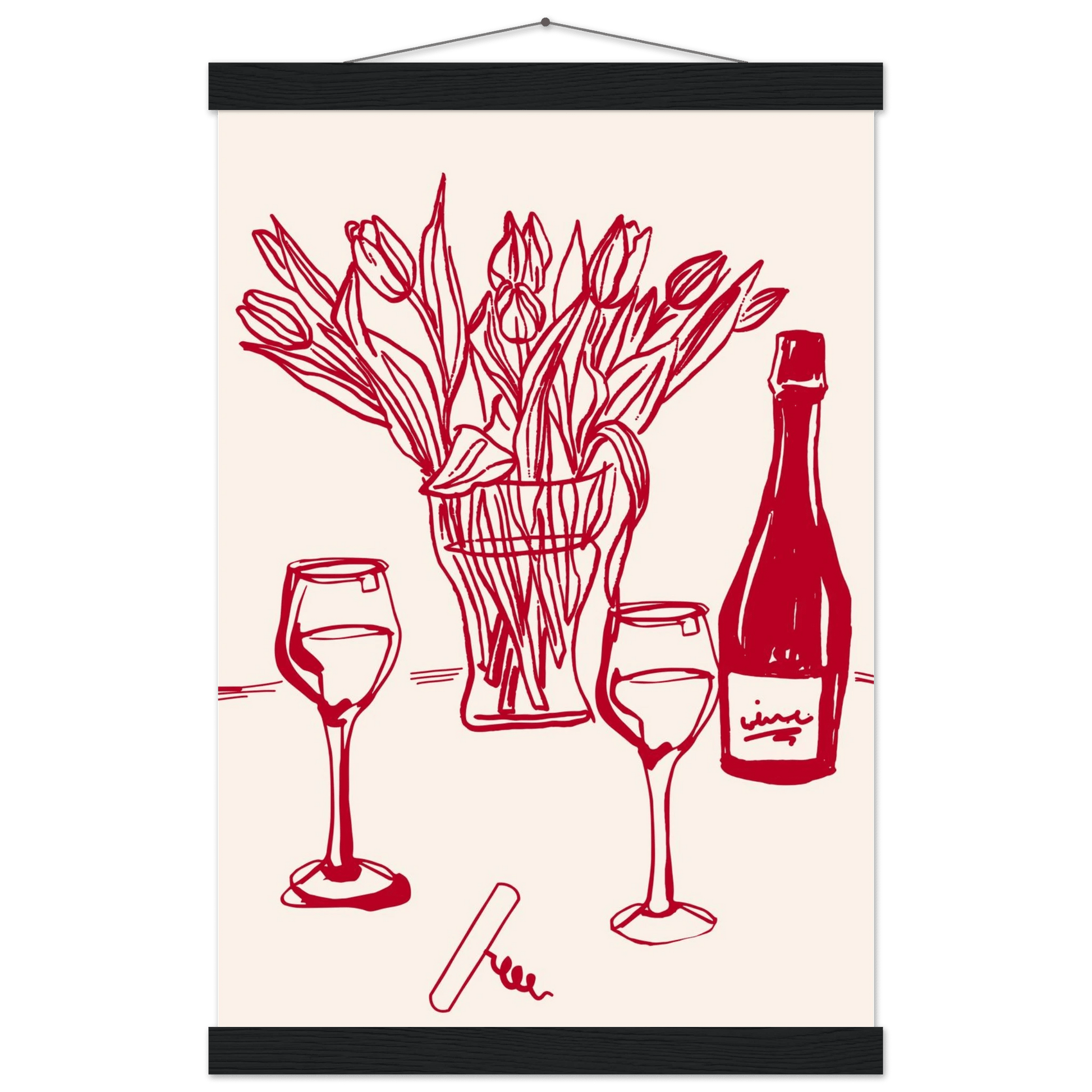 Red Wine & Tulips Print | Line Art Wine Bottle Wall Art | Kitchen Poster - Evergreen Posters