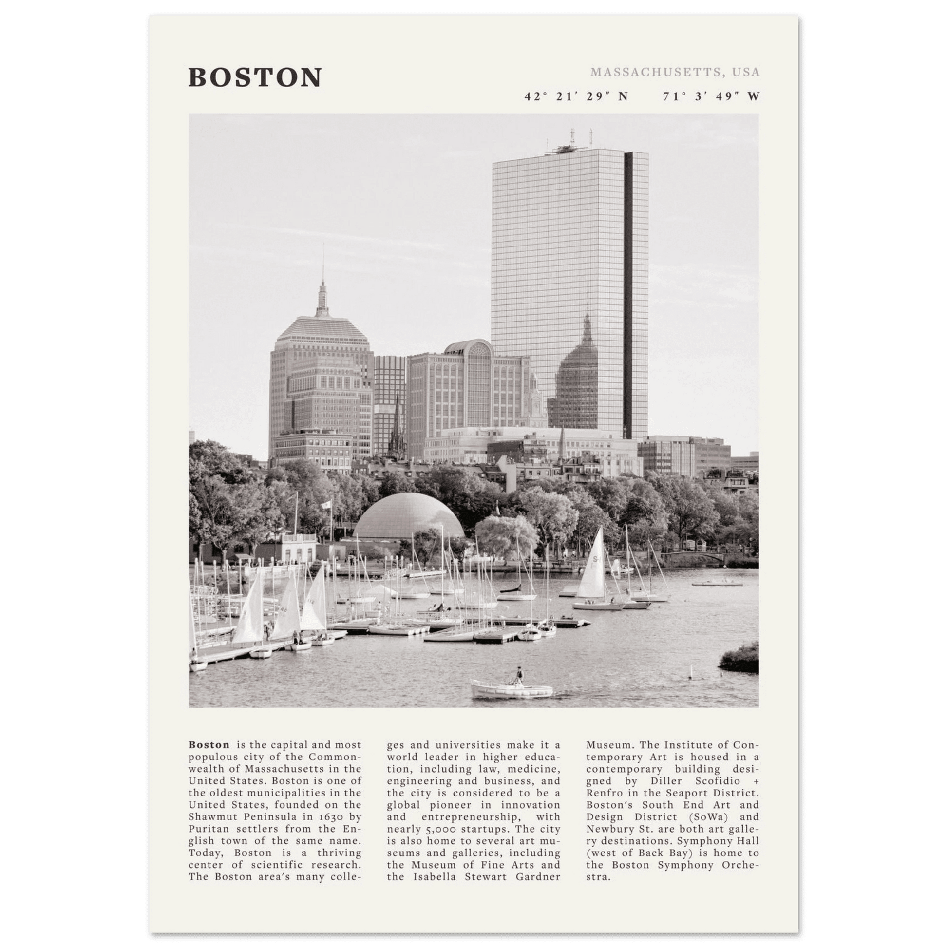 Boston Poster | Black & White Charles River Skyline Wall Art | Massachusetts Print - Evergreen Posters
