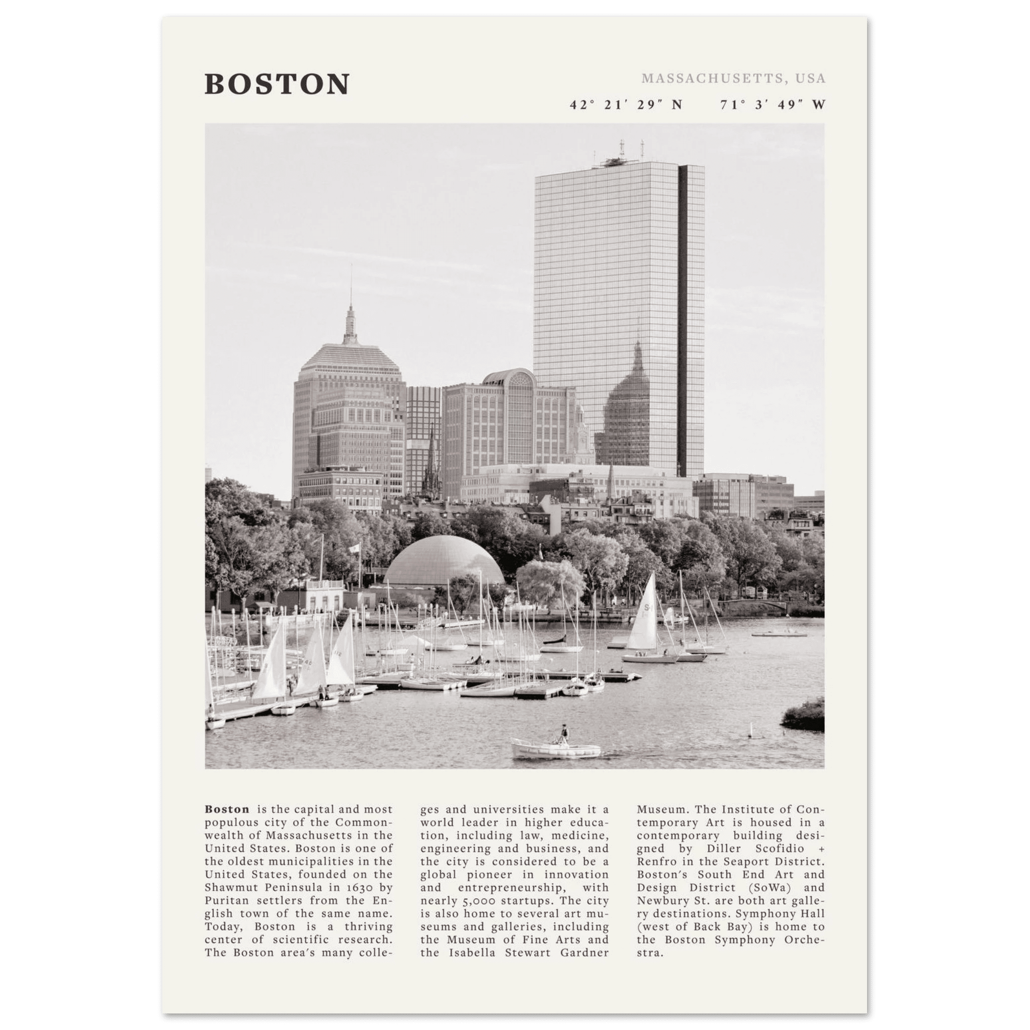 Boston Poster | Black & White Charles River Skyline Wall Art | Massachusetts Print - Evergreen Posters