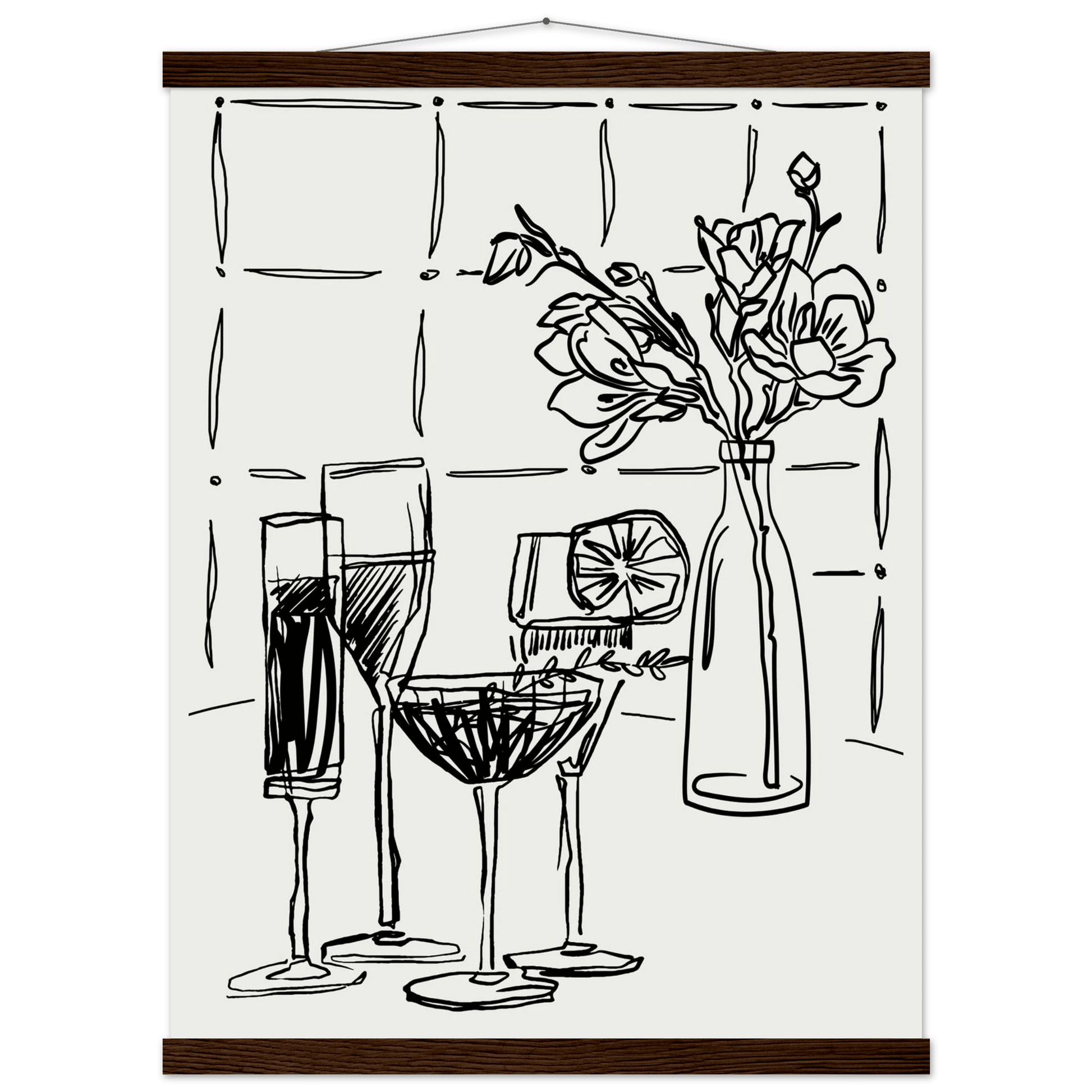 Cocktails & Flowers Print | Black Line Art Drinks Wall Art | Kitchen Bar Poster - Evergreen Posters