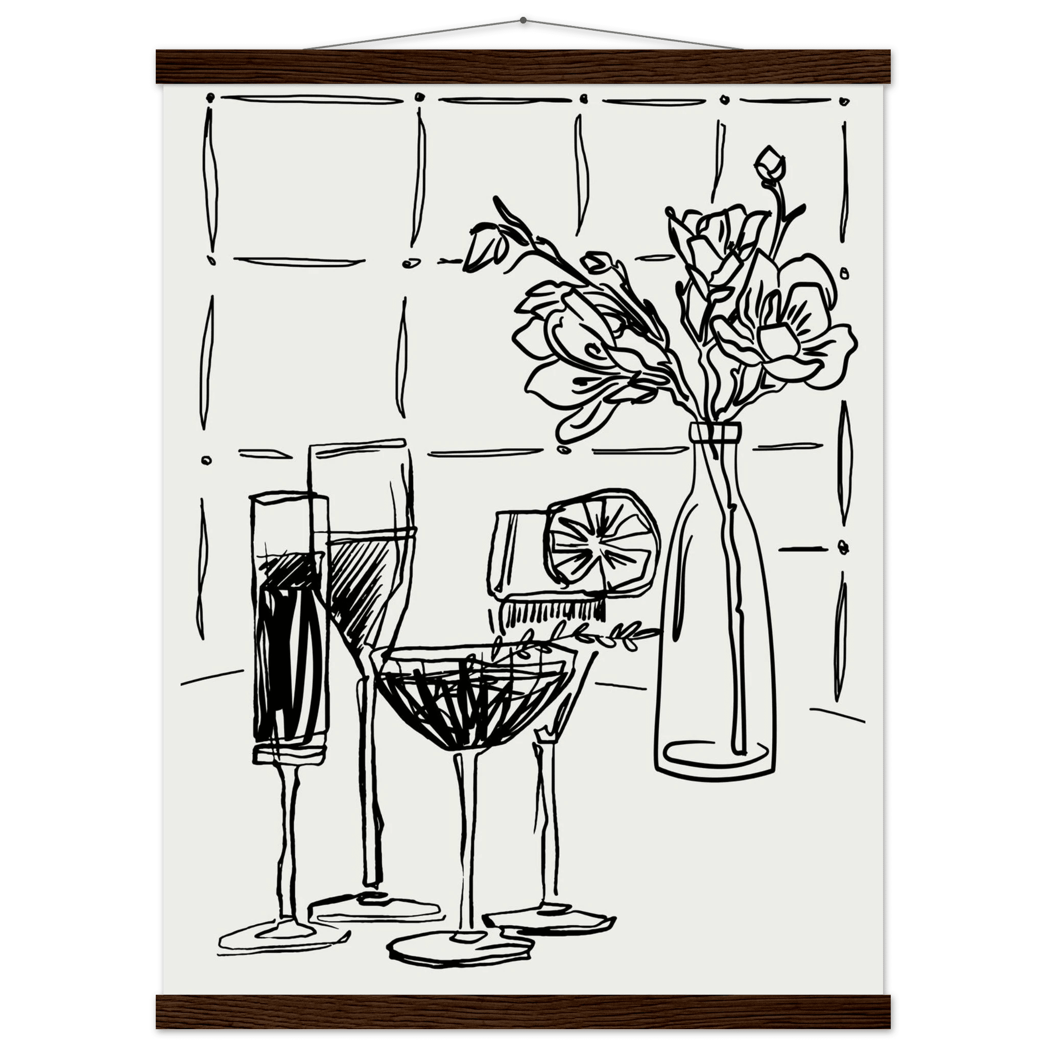 Cocktails & Flowers Print | Black Line Art Drinks Wall Art | Kitchen Bar Poster - Evergreen Posters